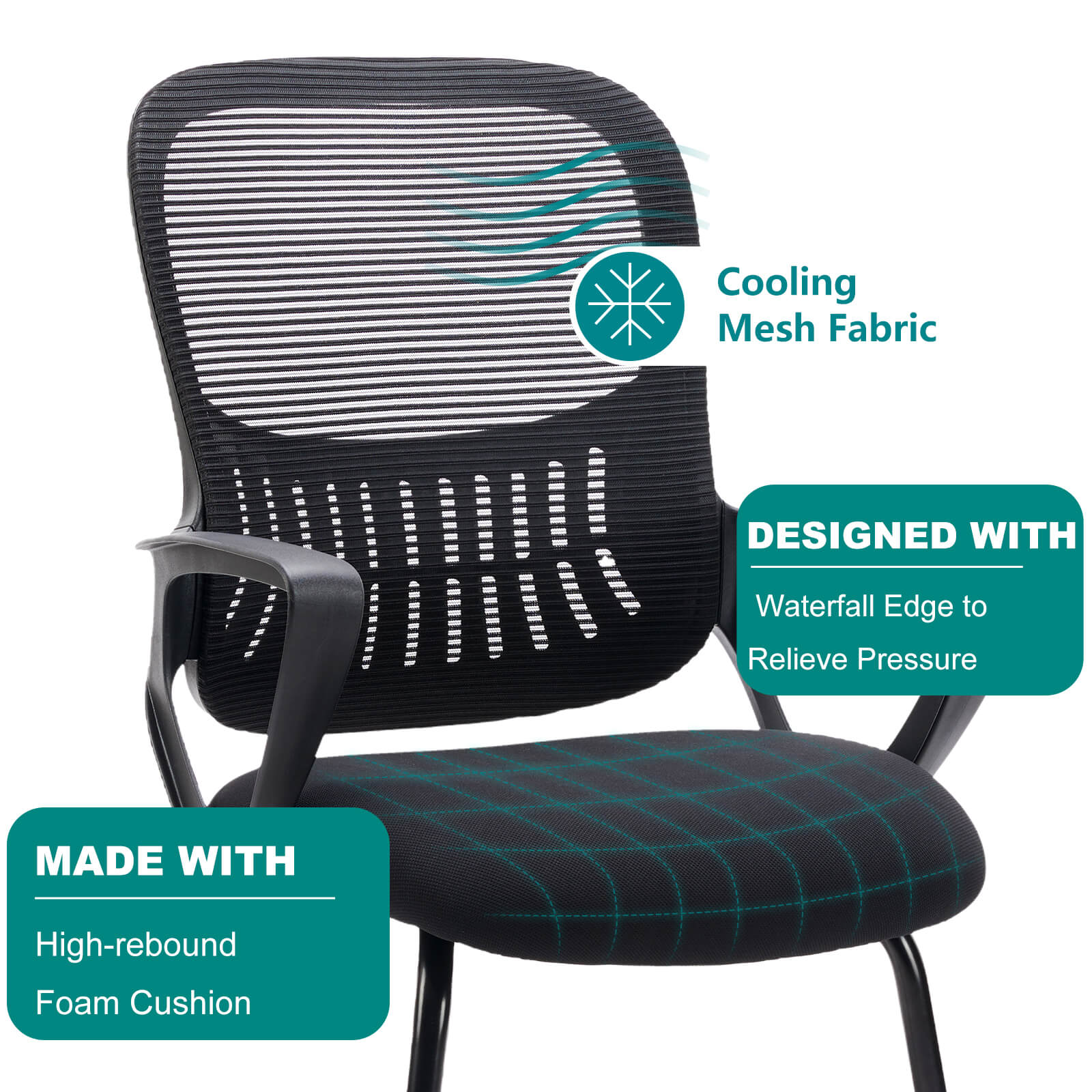 Ergonomic office chair - with storage basket, no wheels, breathable back, suitable for office, bedroom, living room.