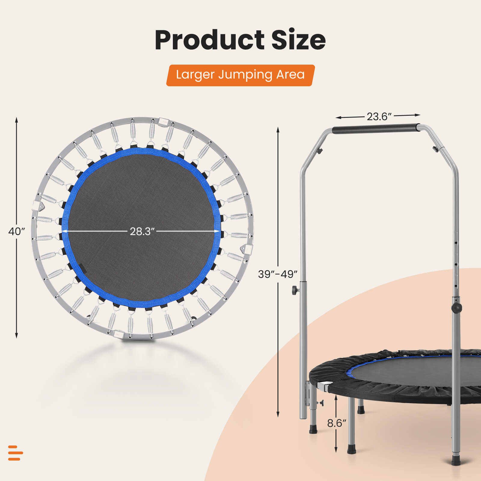 edx 40"/48" Foldable Mini Trampoline for Adults, Rebounder Trampoline for Adults with Adjustable Bar
