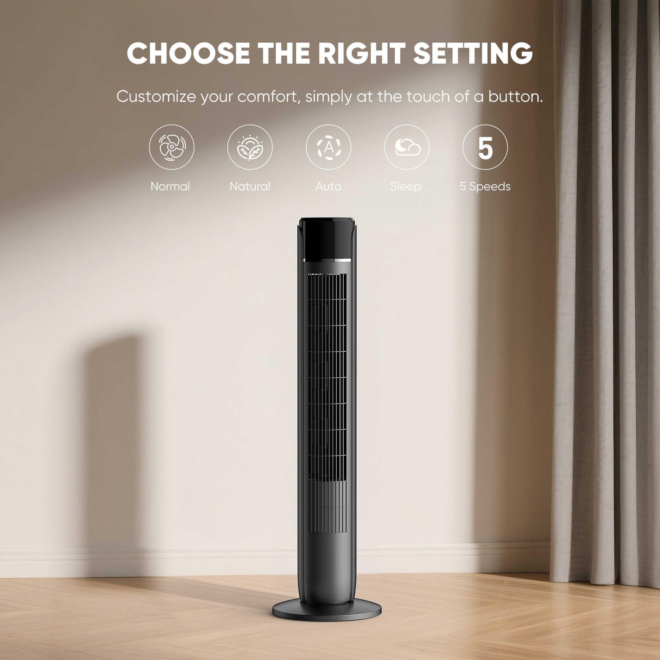 EDX Tower Fan for Home, 36" Standing Floor Fan, 25 ft/s Bladeless Fan Cold Air, 28dB Quiet for Sleep, Remote, 60° Oscillation, 12H Timer, 5 Speeds, 4 Modes, LED Display，Black