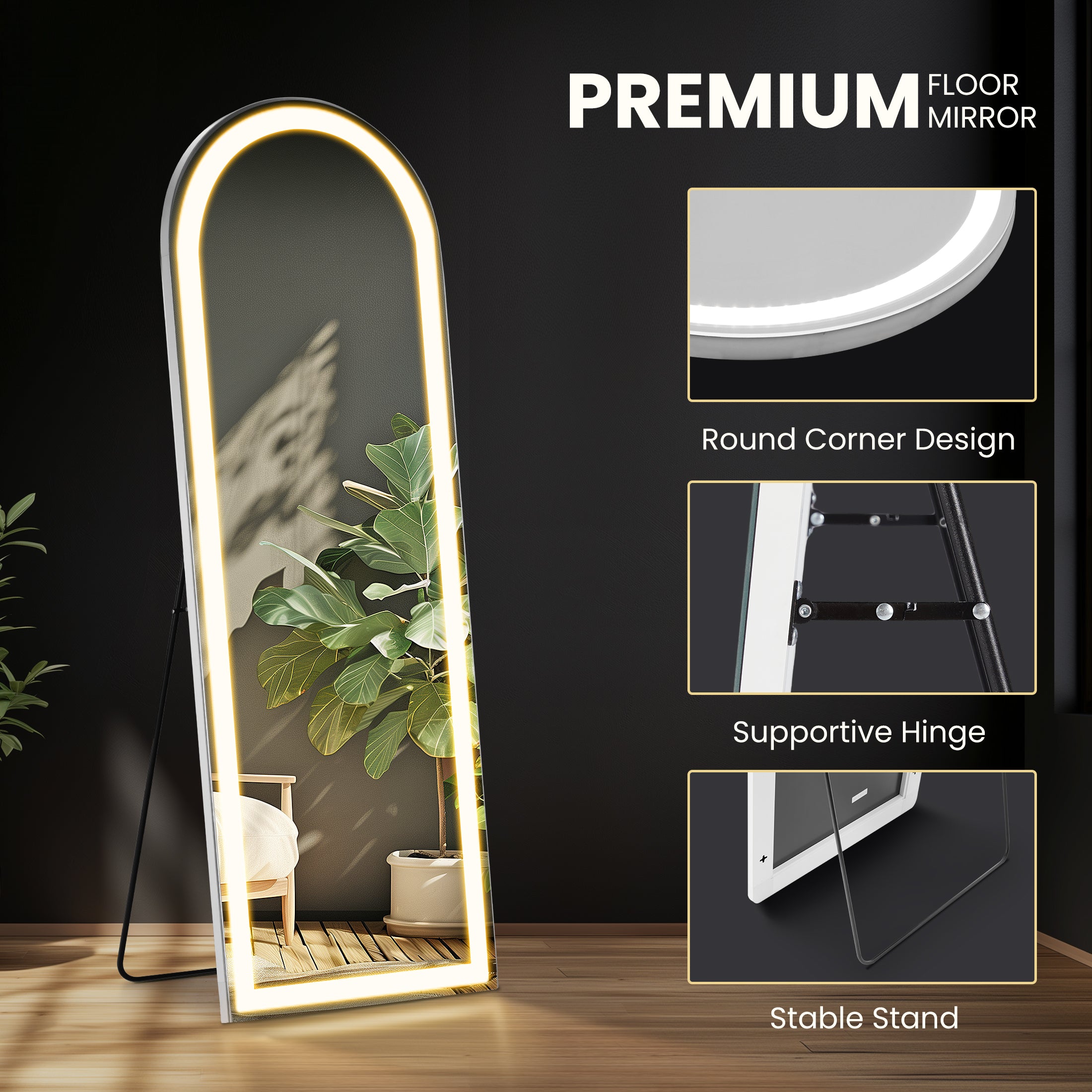 3 Color Lighting Mirror with LED Lights, 71"x26" Lighted Floor Standing Mirror with Stand, Wall Mounted Hanging