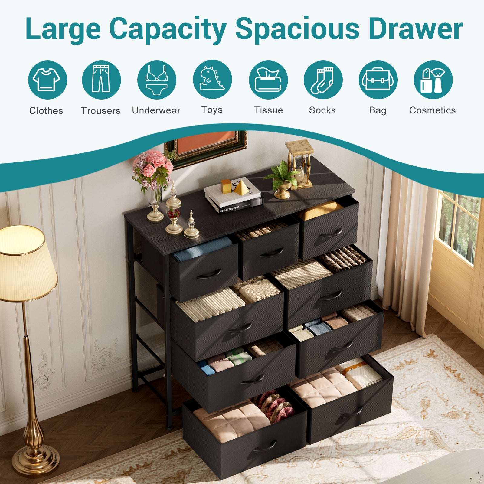 EDX 9 Drawer Dresser, Wide Chest of Drawers Nightstand Storage Tower Storage Fabric Dresser with Wood Top for Living Room, Bedroom, Hallway