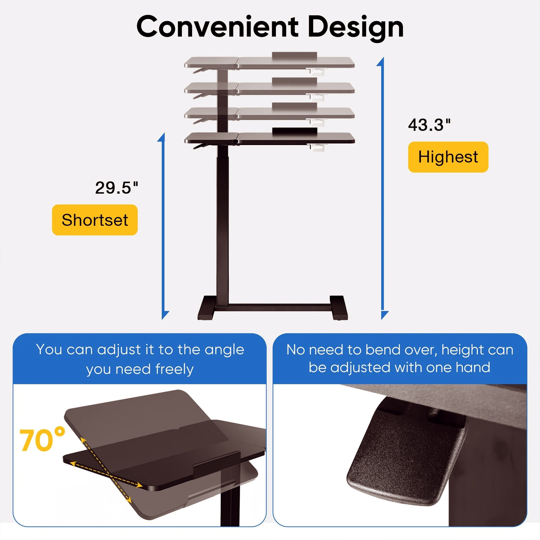 ZUNMOS Overbed Bedside Lap Desk with Wheels and Tilt Top, Mobile Standing Lap Desk Pneumatic Adjustable Height for Home Office Bedroom Sofa