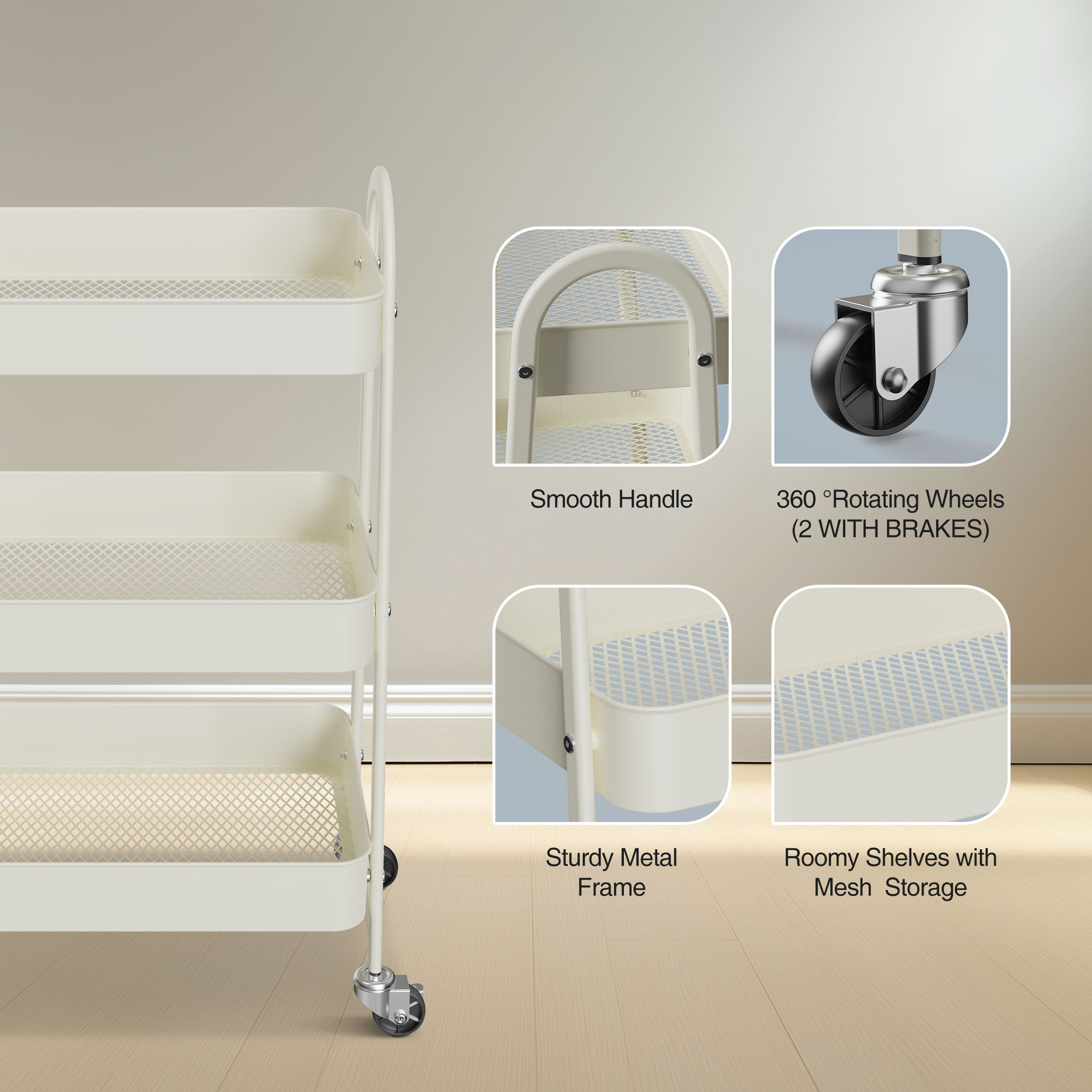 3 Tier Rolling Cart, Metal Utility Cart Storage Organizer with Lockable Casters, Multi-Functional Mesh Rolling Storage Cart for Kitchen Office