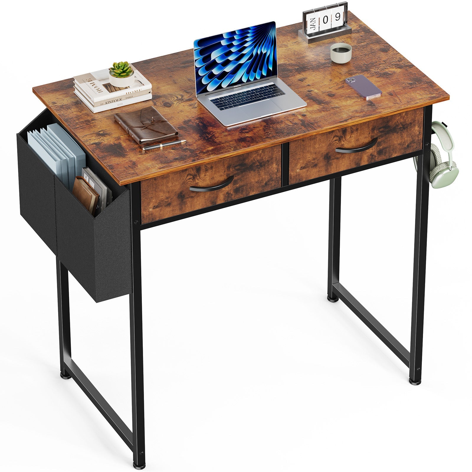 edx Small Desk Fabric Drawers & Storage Shelves, Home Office Computer Desk, Writing Desk Small Space Desk Study Table for Home, Bedroom, 48 Inch, Balck