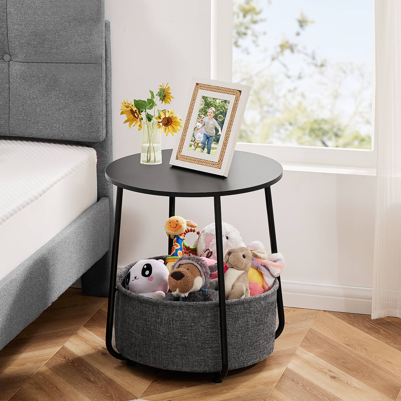 Compact nightstand, sofa side table, can be used in living room, nursery room, bedroom, comes with fabric basket for easy storage