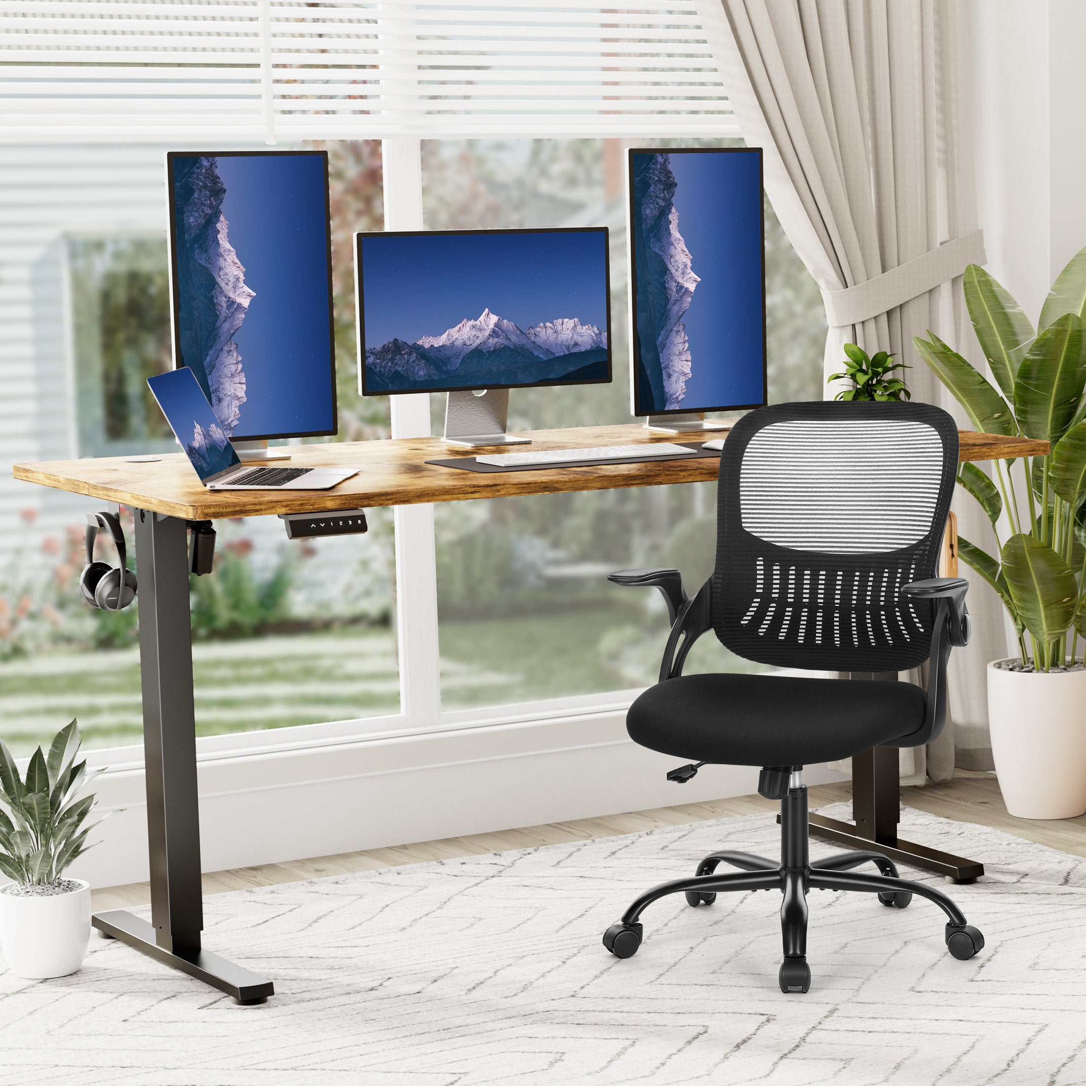 edx Electric Standing Desk & Computer Office Chair Set, Height Adjustable Desk, Ergonomic Stand up Desk with Memory Preset and T-Shaped Metal Bracket for Home Office