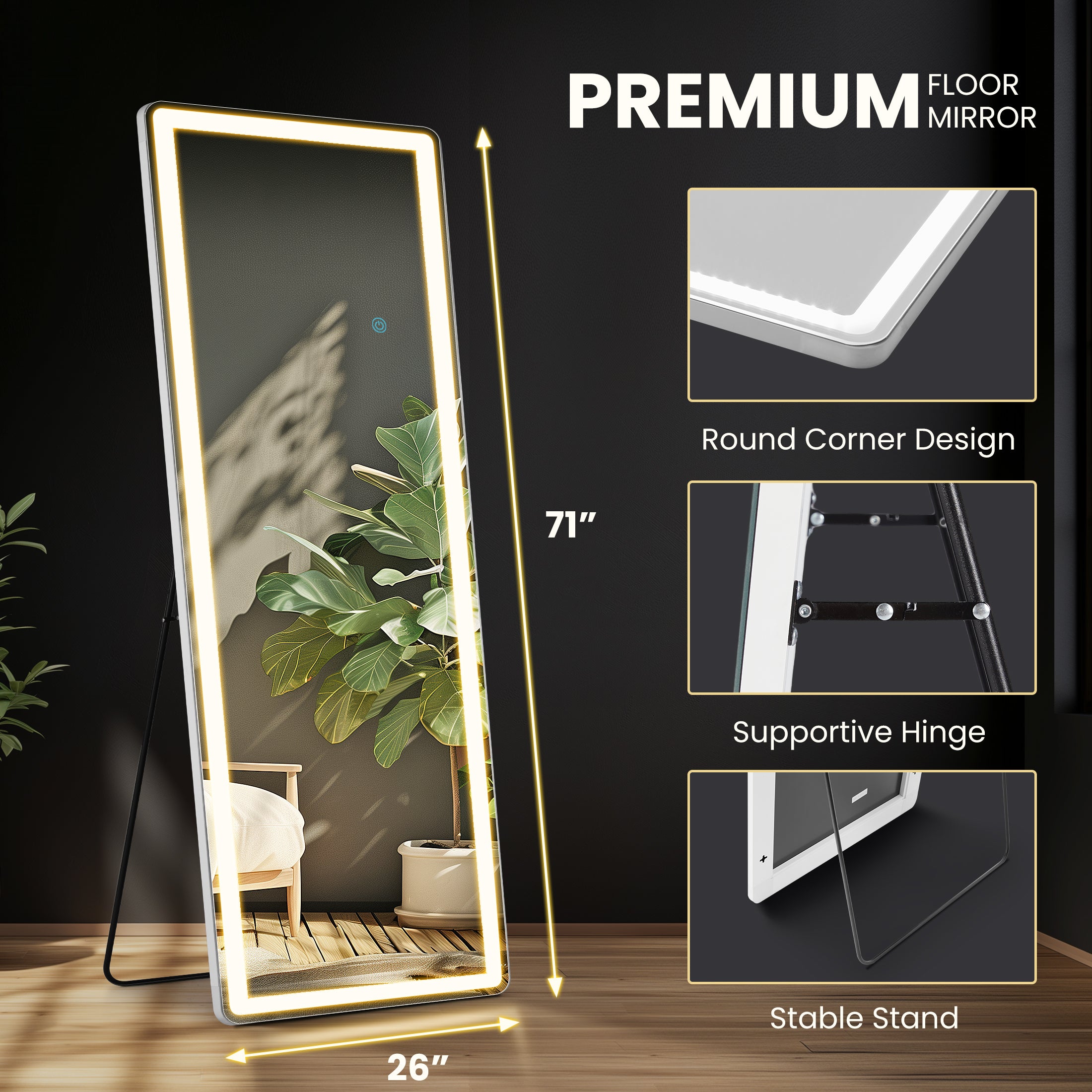 3 Color Lighting Mirror with LED Lights, 71"x26" Lighted Floor Standing Mirror with Stand, Wall Mounted Hanging