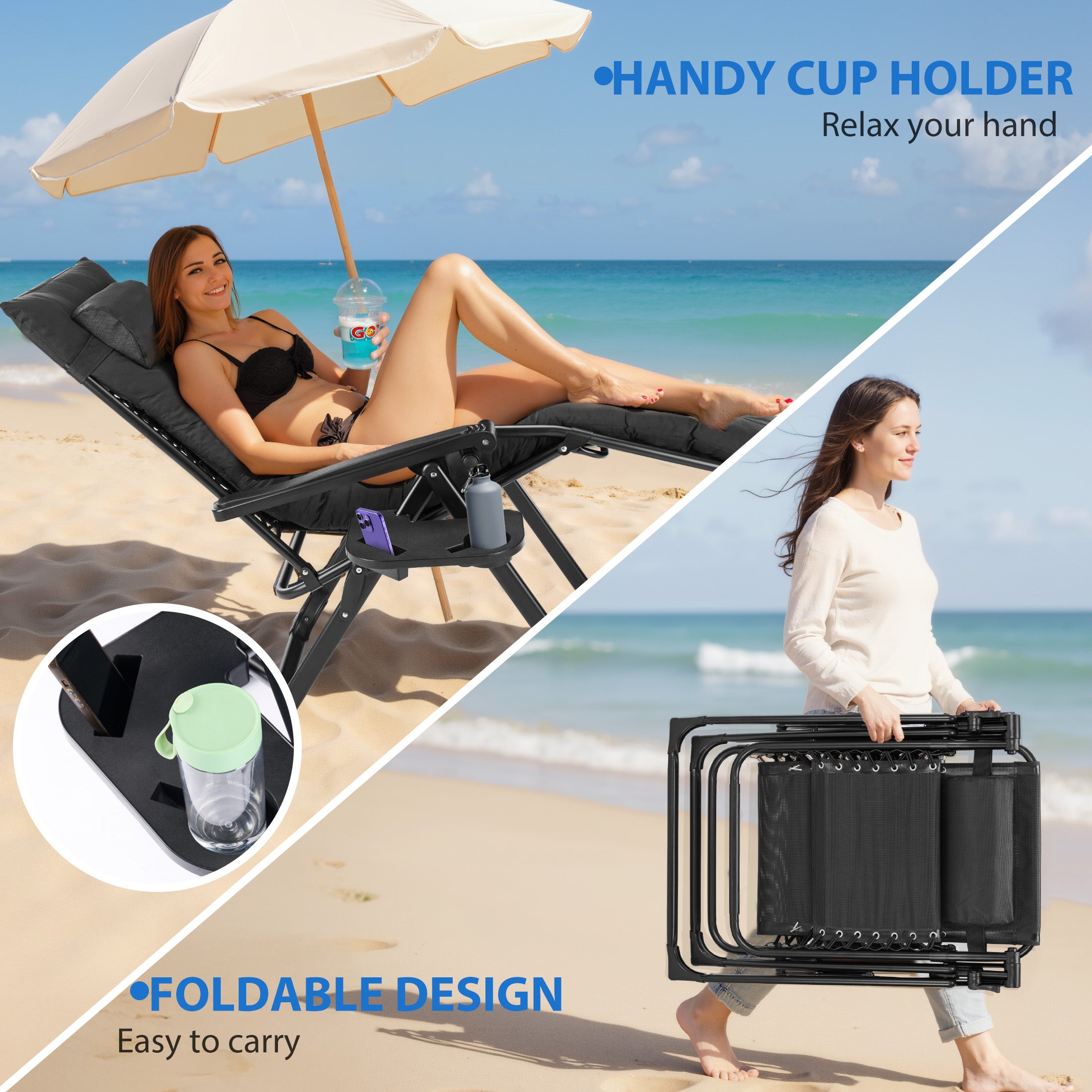 EDX Zero Gravity Chair, Reclining Camping Lounge Chair with Removable Cushion, Headrest and Cup Holder Trays, Folding Patio Recliner for Indoor&Outdoor Use, 440LBS Capacity