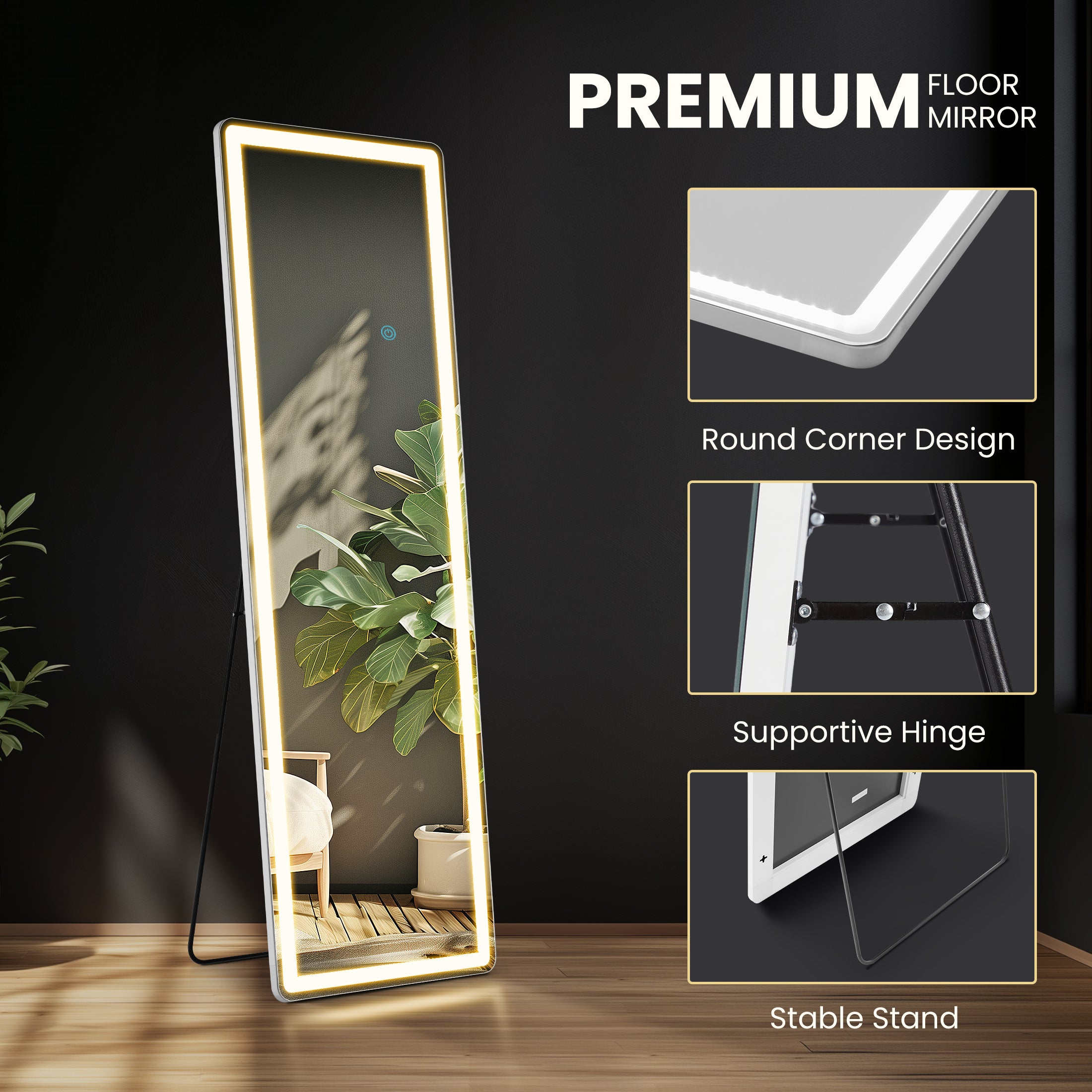 3 Color Lighting Mirror with LED Lights, 60"x16" Lighted Floor Standing Mirror with Stand, Wall Mounted Hanging