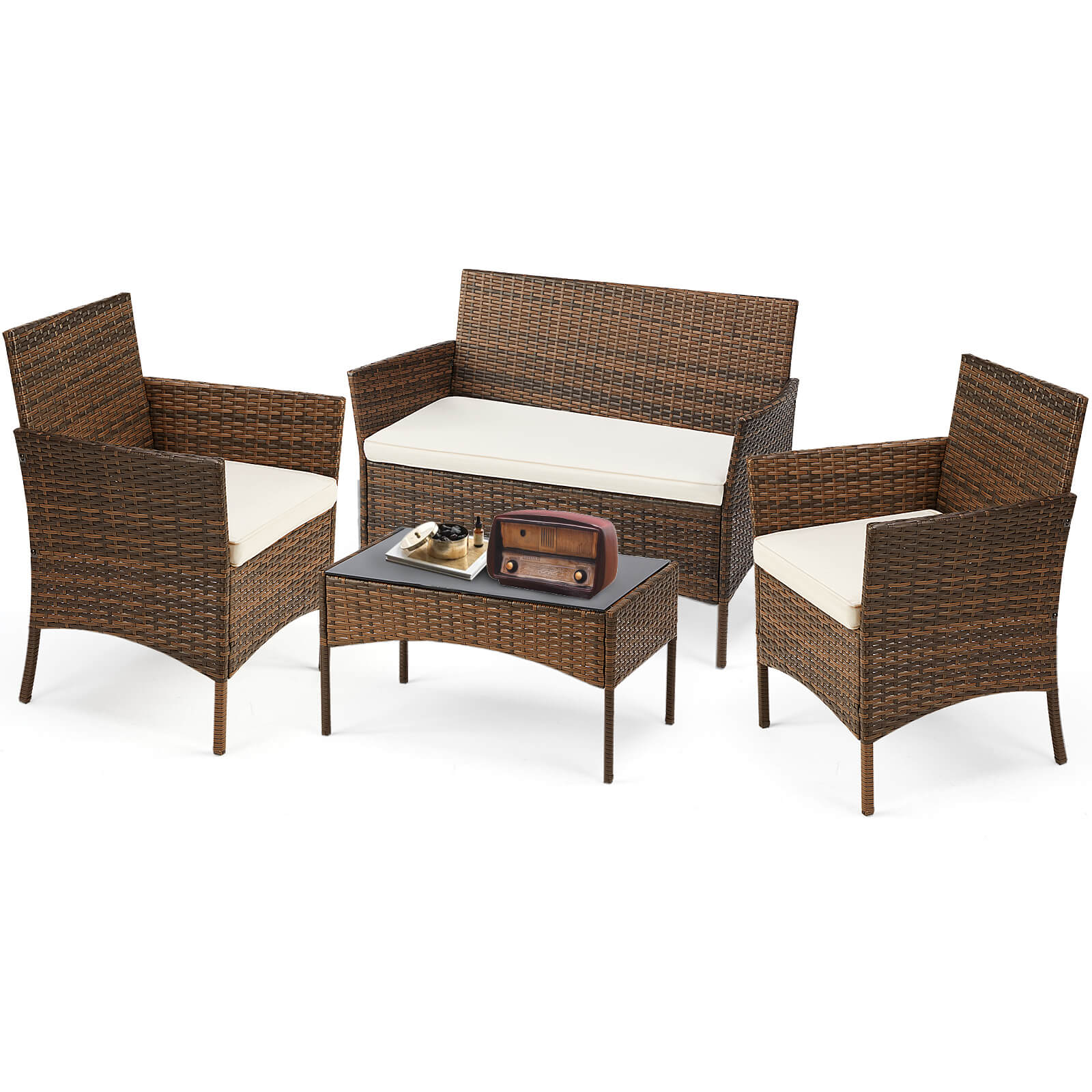 edx 3 Piece Patio Wicker Furniture Set , Patio Chair w/ Table w/ Cushions, Simple Modern Comfort