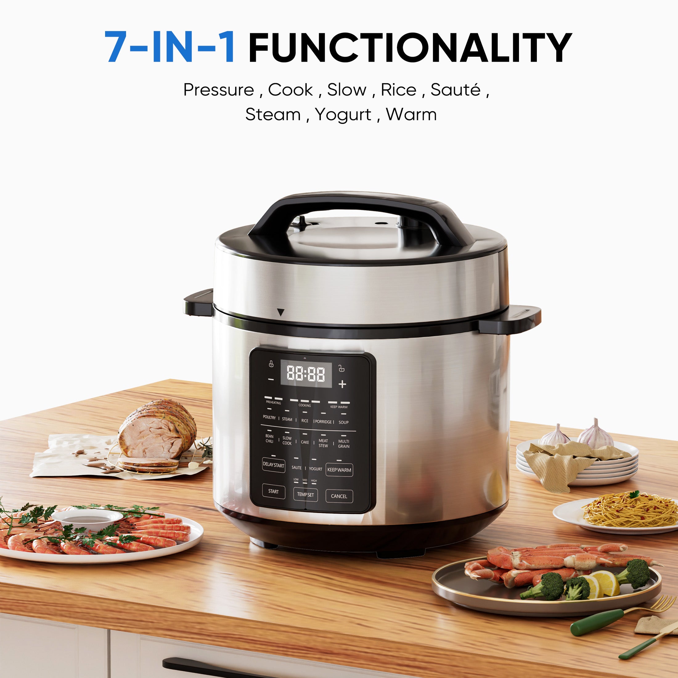 Instant Cooker 6 Quart 12-in-1 Electric Pressure Cooker Multi-Function Features & Stainless Steel Pot