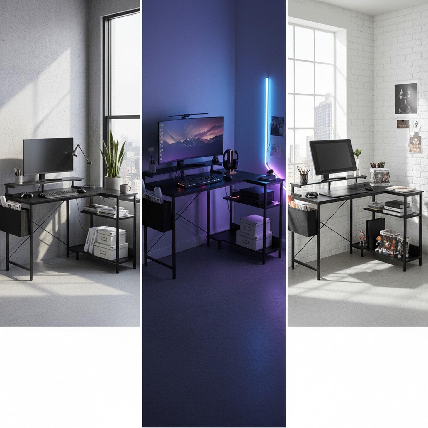Edx L-Shaped Gaming Desk with USB-C Charging Ports, Smart LED Lights, 3 Storage Shelves & Monitor Stand Electric Corner Computer Desk for Home Office