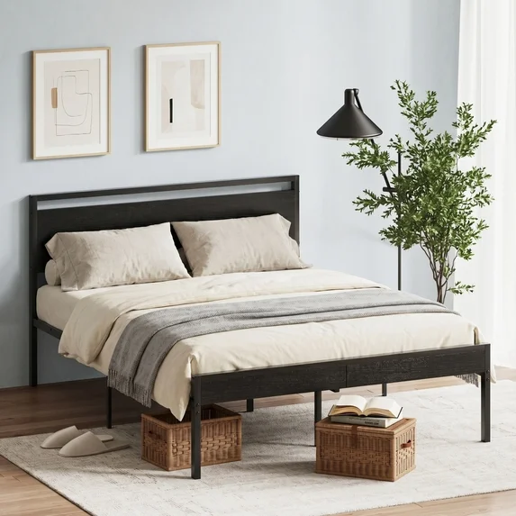 edx Bed Frame, Heavy Duty Metal Platform Bed with Wooden Headboard, 1000-LB Capacity, Under-Bed Storage, No Box Spring Needed