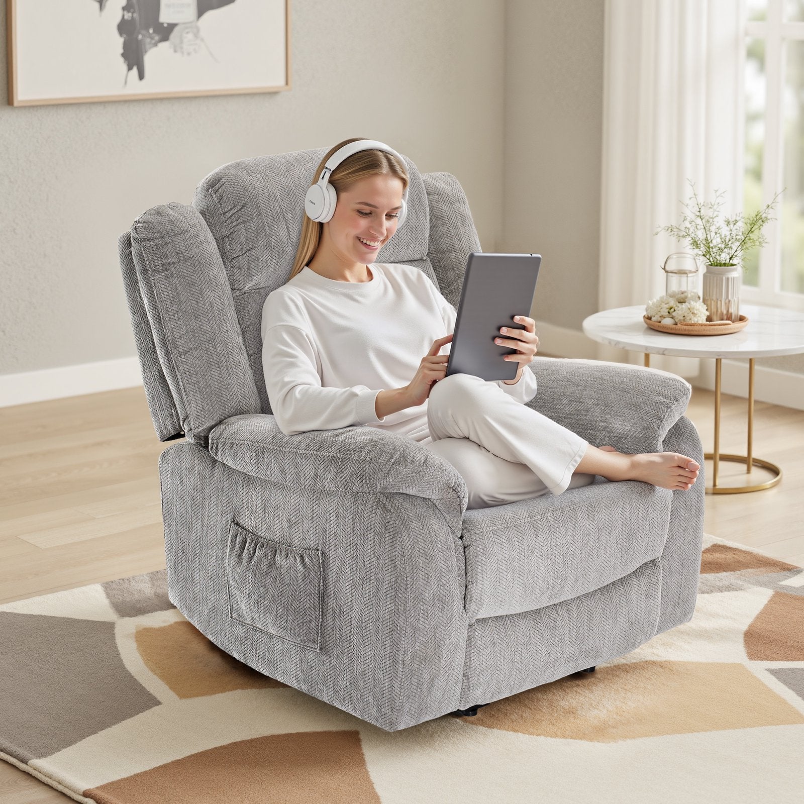 EDX Power Lift Recliner, Wide Fabric Electric Recliner Sofa for Elderly with Side Pocket and Remote Control