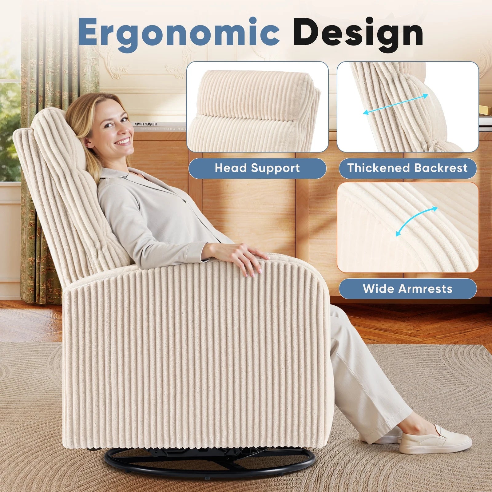 EDX 360°Swivel Nursery Chair, Comfy Chair for Bedroom, Rocking Chair with Thickened Seat Cushion, High Back Sofa Chairs for Living Room, Nursery Room and Reading Room