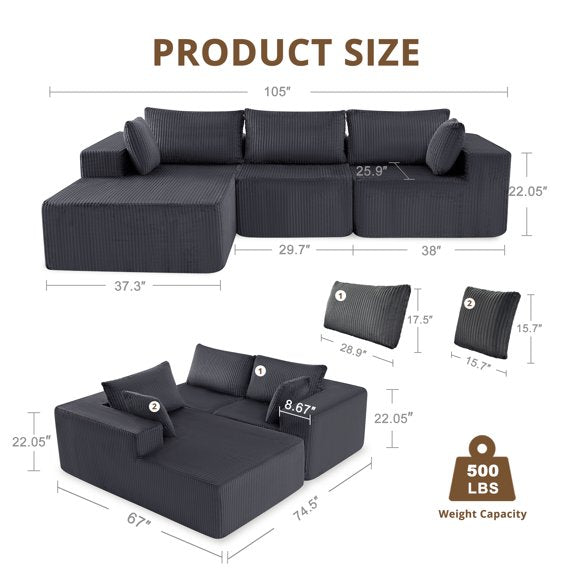 edx Convertible Sectional Sofa Comfy Fluffy 4 Seat Memory Foam, 105" Upholstered Couches for Living Room Bedroom