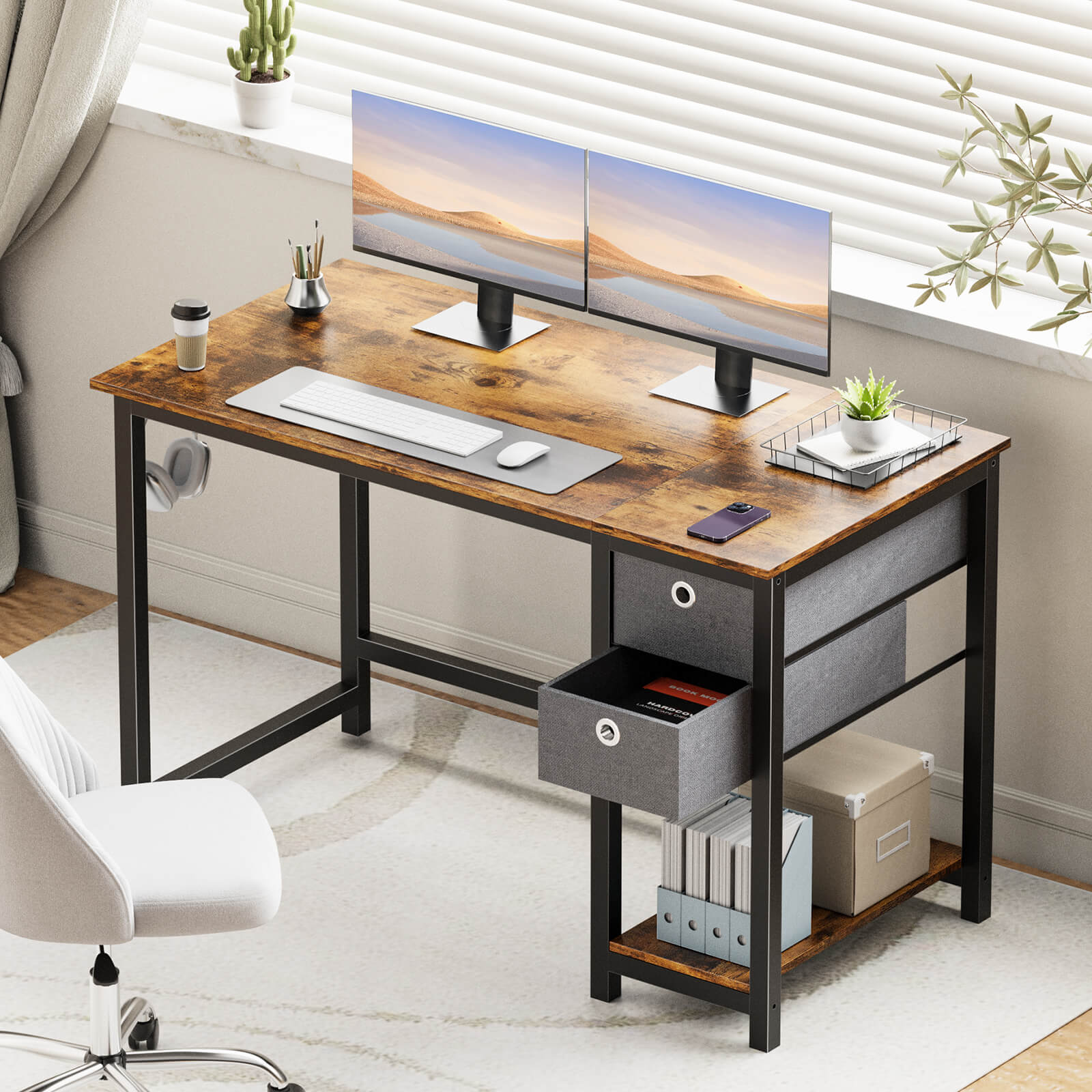 Computer Desk -40/47/55 inch Desk Study Desk with 2 Drawer Storage Shelf Headphone Hook for Bedroom, Game Room, Office, Living Room