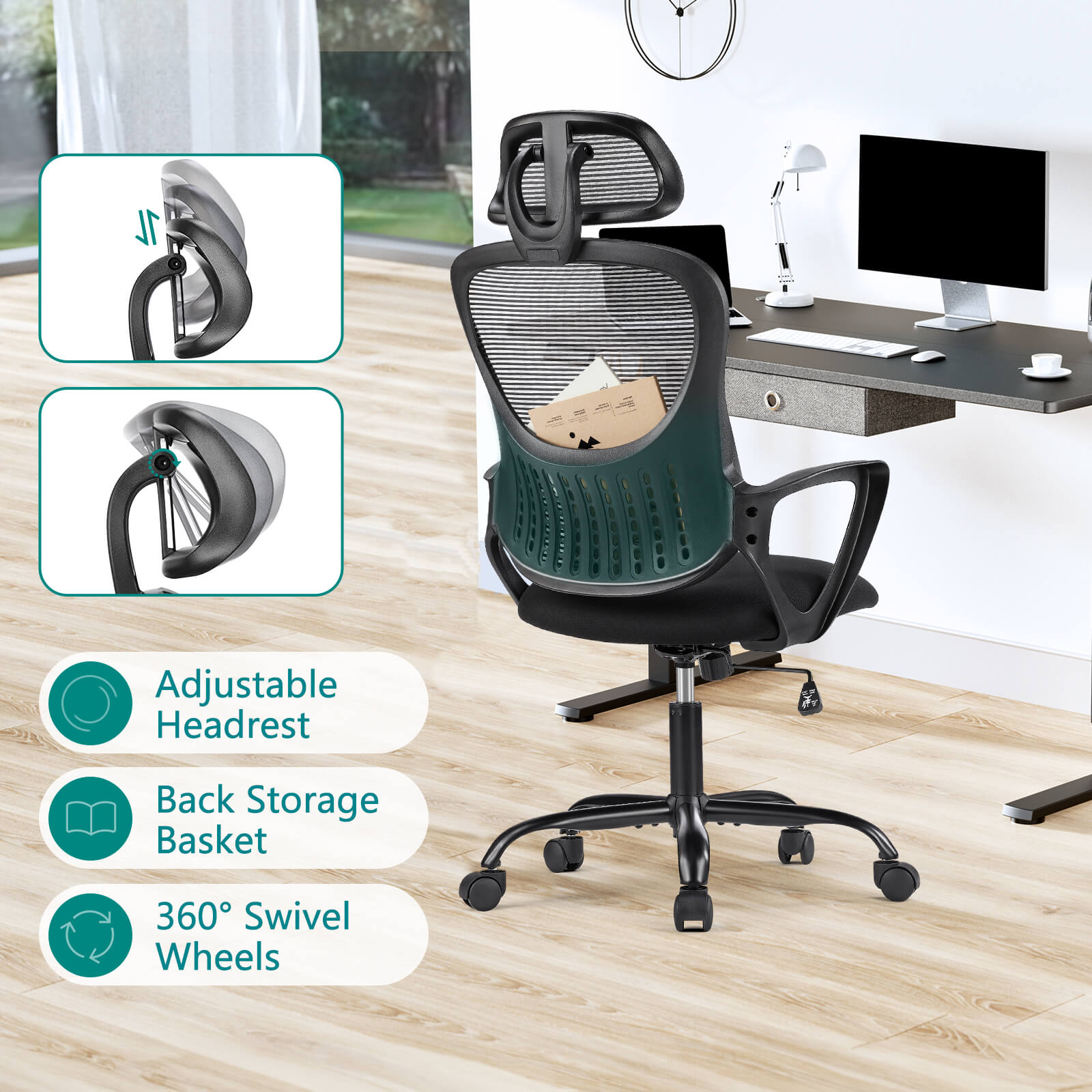 Ergonomic office chair - high back with wheels, adjustable headrest and flip-up armrests for bedroom, study, living room, office