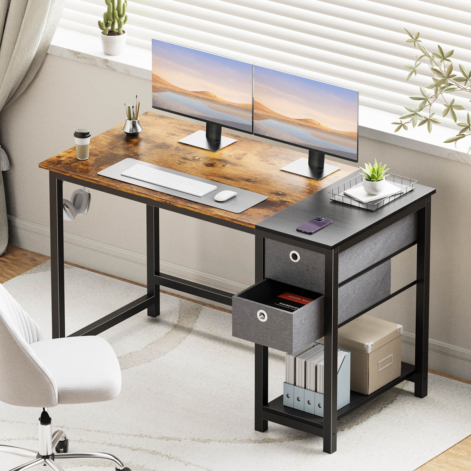 Computer Desk -40/47/55 inch Desk Study Desk with 2 Drawer Storage Shelf Headphone Hook for Bedroom, Game Room, Office, Living Room