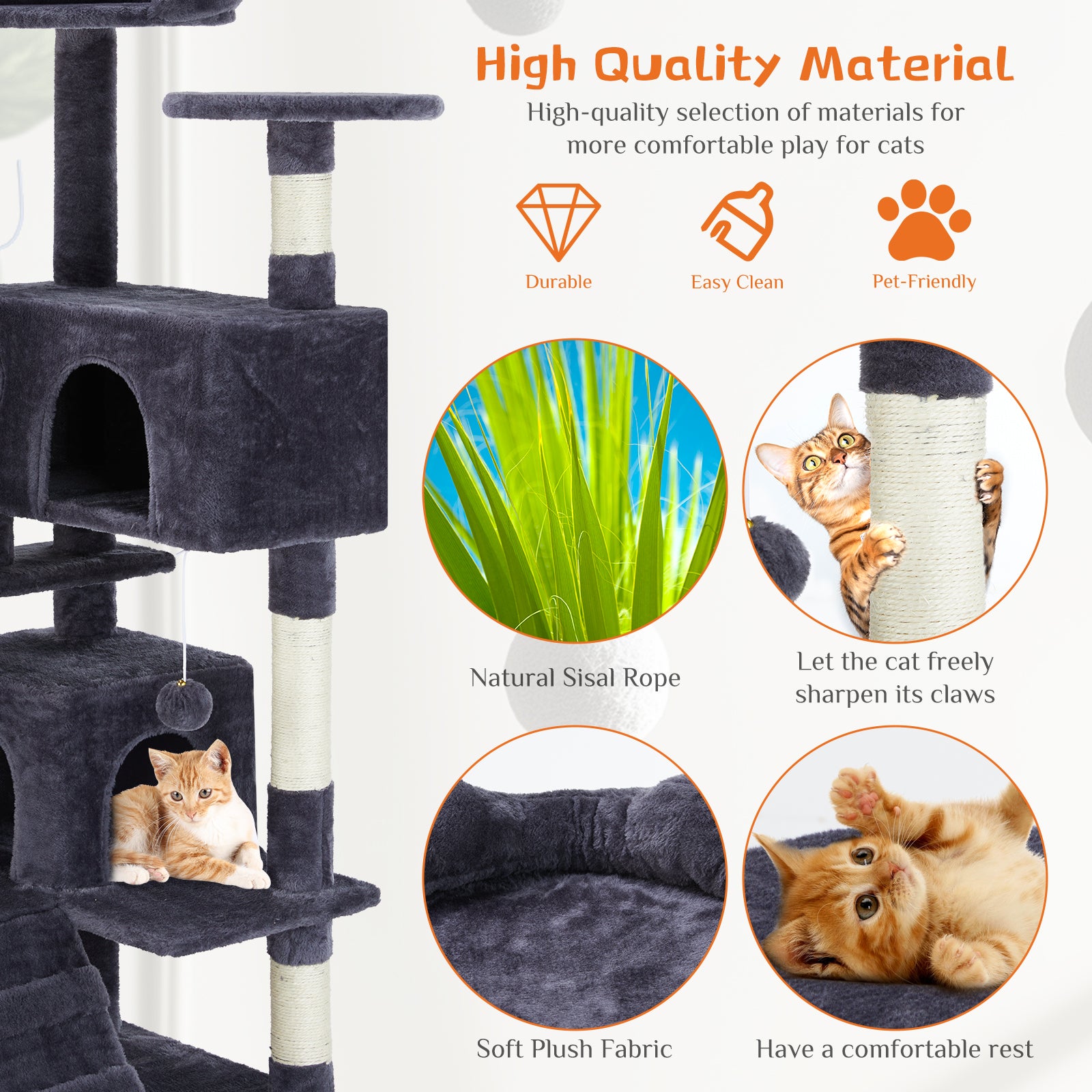 54'' Cat Tree Tower for Indoor Cats, Multi-Level Pet Furniture with Sisal Scratching Post, Large Cozy Condo, Climbing Ramp, Kitten Toy, Dark Grey