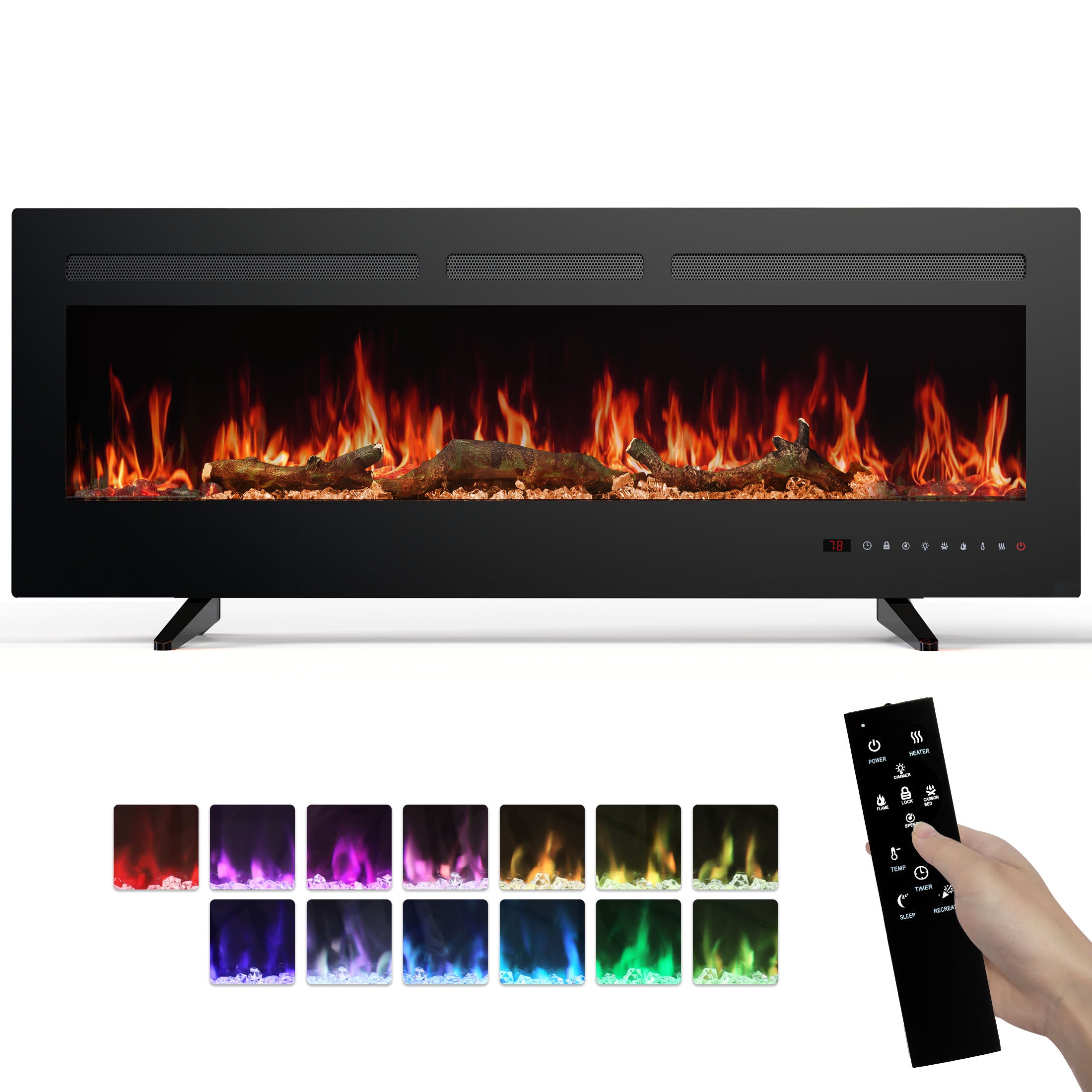 Electric Fireplace, 1500W/750W Wall Mount or Recessed Fireplace Insert and Freestanding, Electric Fireplace Heater with Remote Control,13 Adjustable Flame Color, 12H Timer, Touch Screen