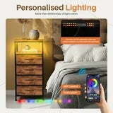 edx 3 Fabric Drawers Nightstand with Charging Station & USB/Type-C Ports and Outlets, Variable Light Strip Bedside End Table with Adjustable Feet for Bedroom, Rust Brown