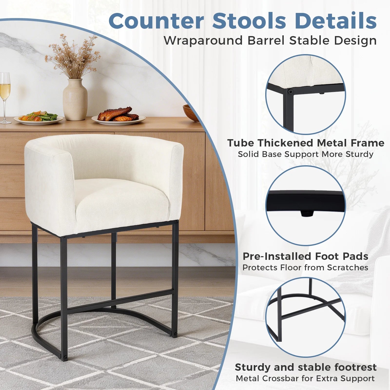 EDX Barrel Bar Stool, Modern Counter Height Barstools with Linen Fabric Upholstered Seat, 350lbs Capacity Kitchen Island Chair, Bar Stools with Metal Sled Base and Footrest for Living Room