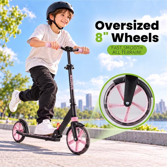 edx Two-Wheel Kick Scooter for Kids 6-12, Teens & Adults, with Dynamic RGB Lights, Foldable, 8-Inch Wheels