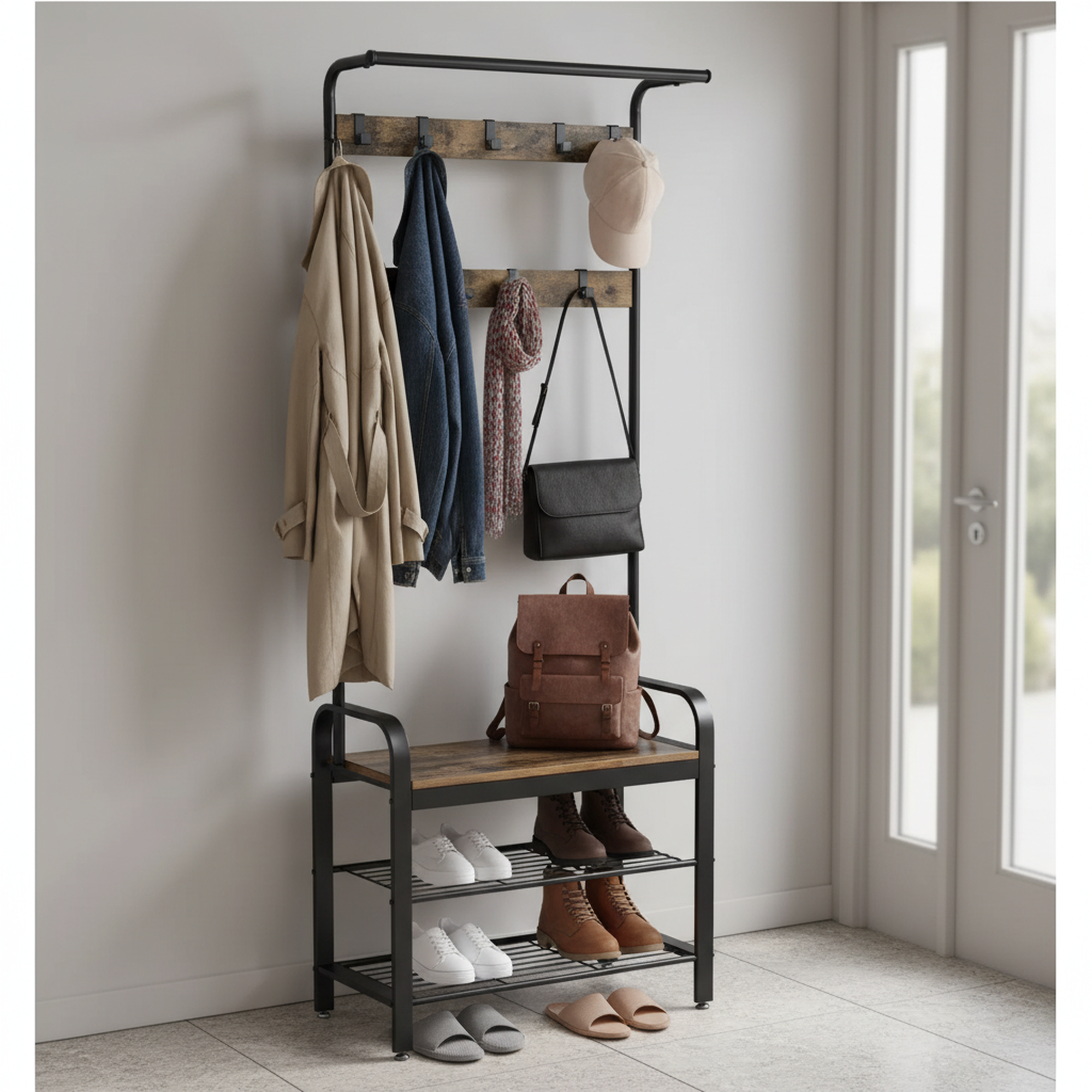 edx Coat Rack, 4-in-1 Shoe & Hat Rack with Shoe Bench, Includes 10 Removable Hooks & Hanging Rod
