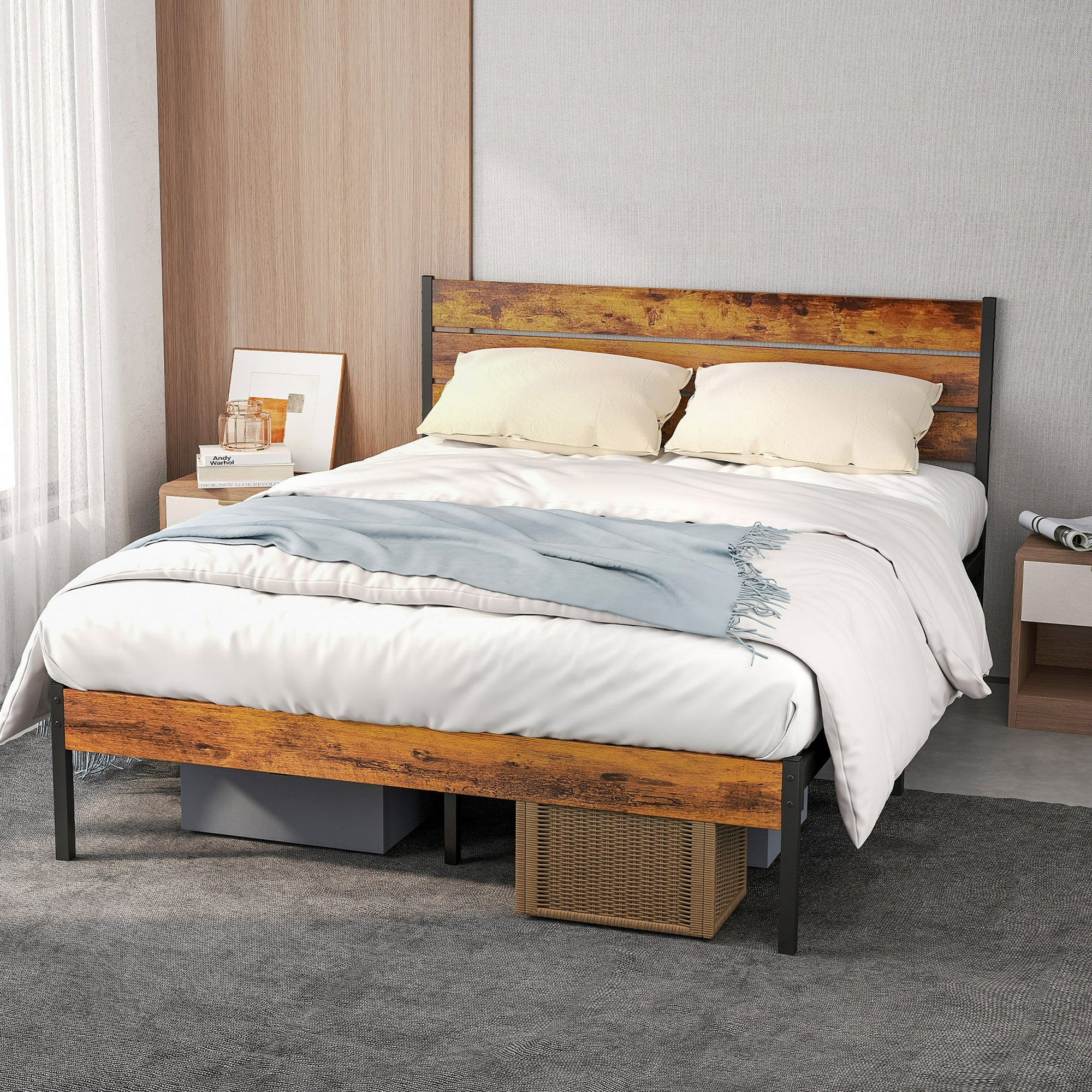 edx Twin Size Metal Bed Frame with Wooden Headboard, Under Bed Storage, Noise-Free, No Box Spring Needed, Easy Assembly, Brown