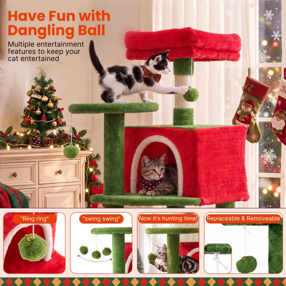 edx Christmas Multi‑Level Cat Tree, Cat Tower with Natural Sisal Scratching Posts, 4 Spacious Tiers & Hanging Toy for 1‑2 Cats & Active Cats