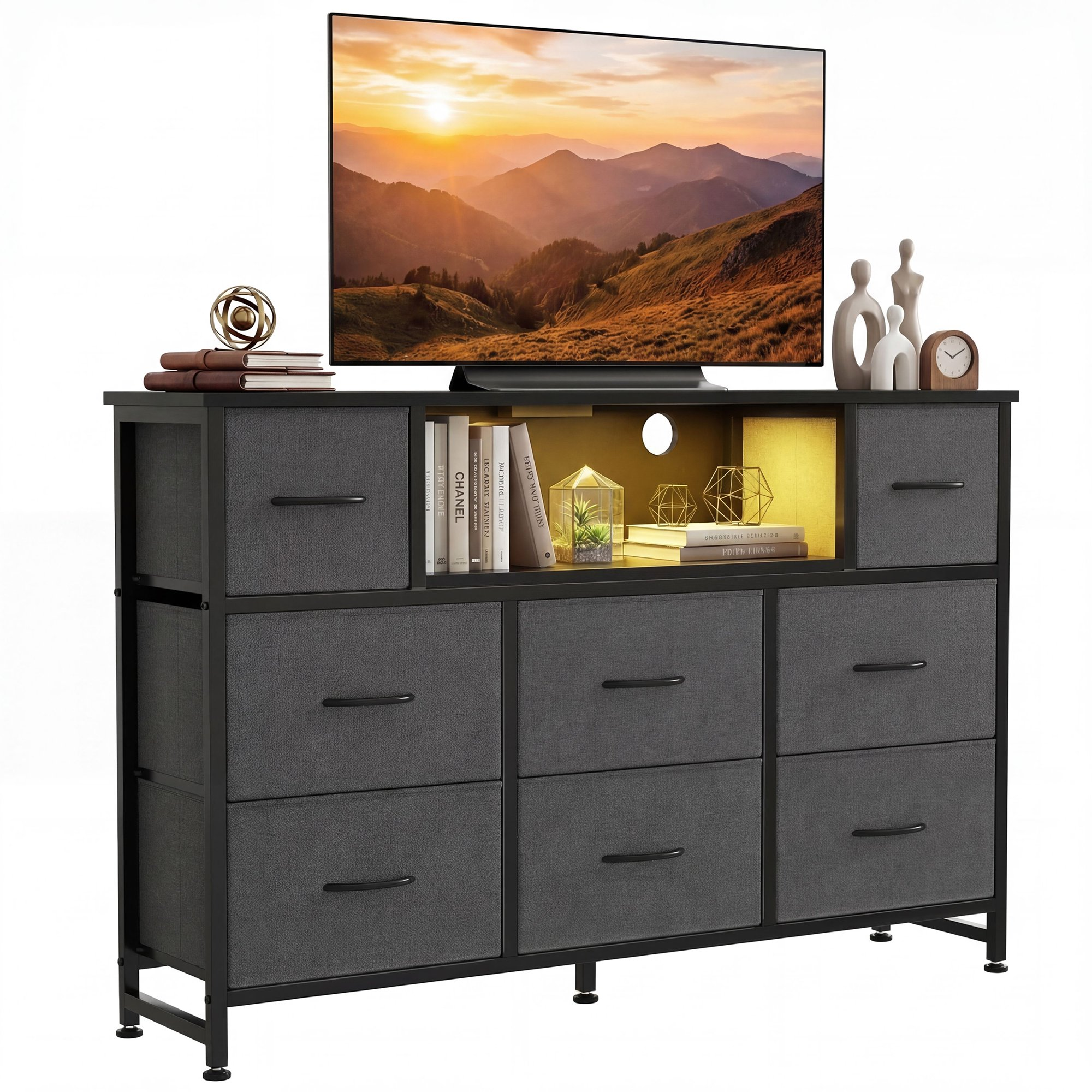 edx TV Stand with 8 Fabric Drawers, Open Shelves & LED & Power Outlets for Bedroom, Living Room, Entryway, Wood Top