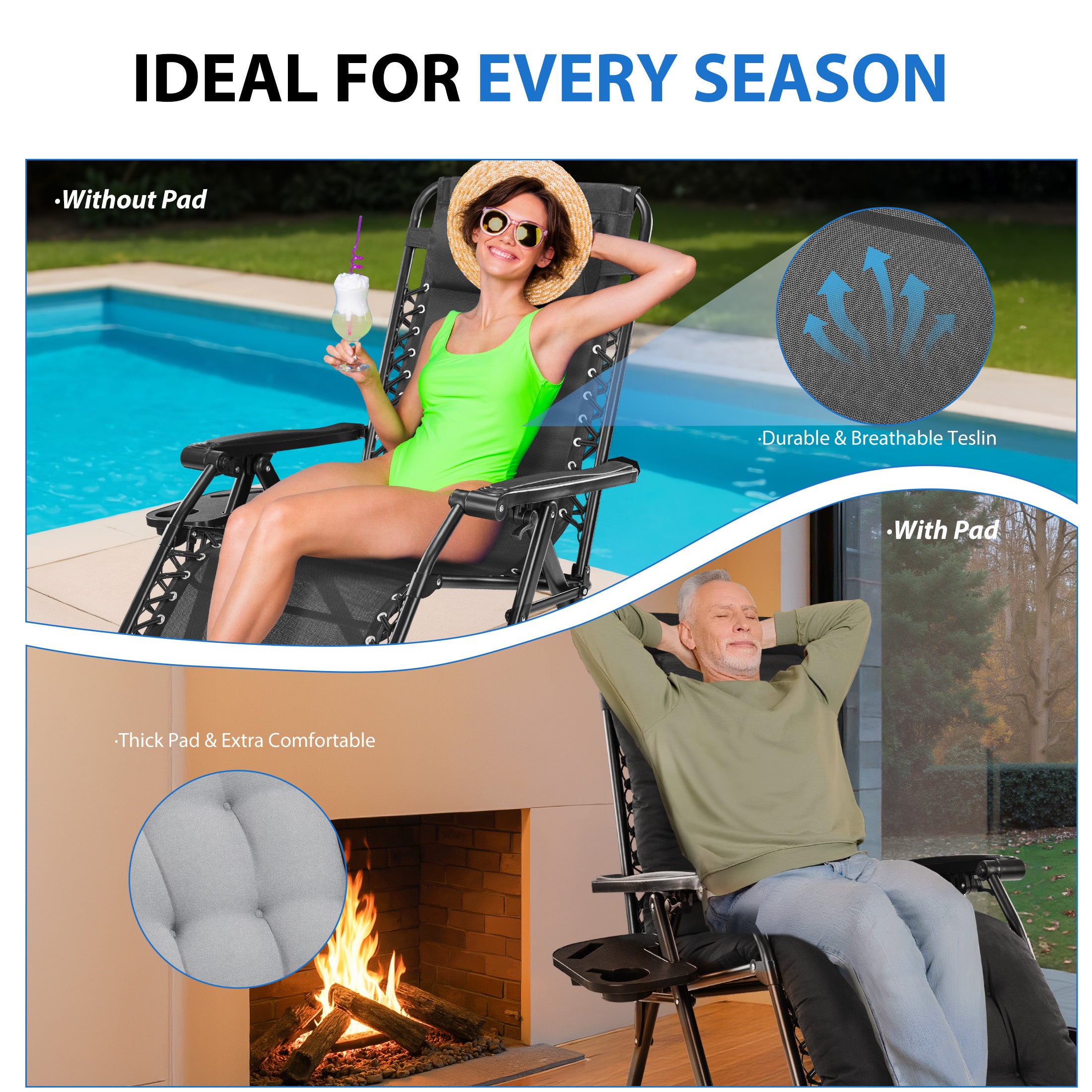 EDX Zero Gravity Chair, Reclining Camping Lounge Chair with Removable Cushion, Headrest and Cup Holder Trays, Folding Patio Recliner for Indoor&Outdoor Use, 440LBS Capacity