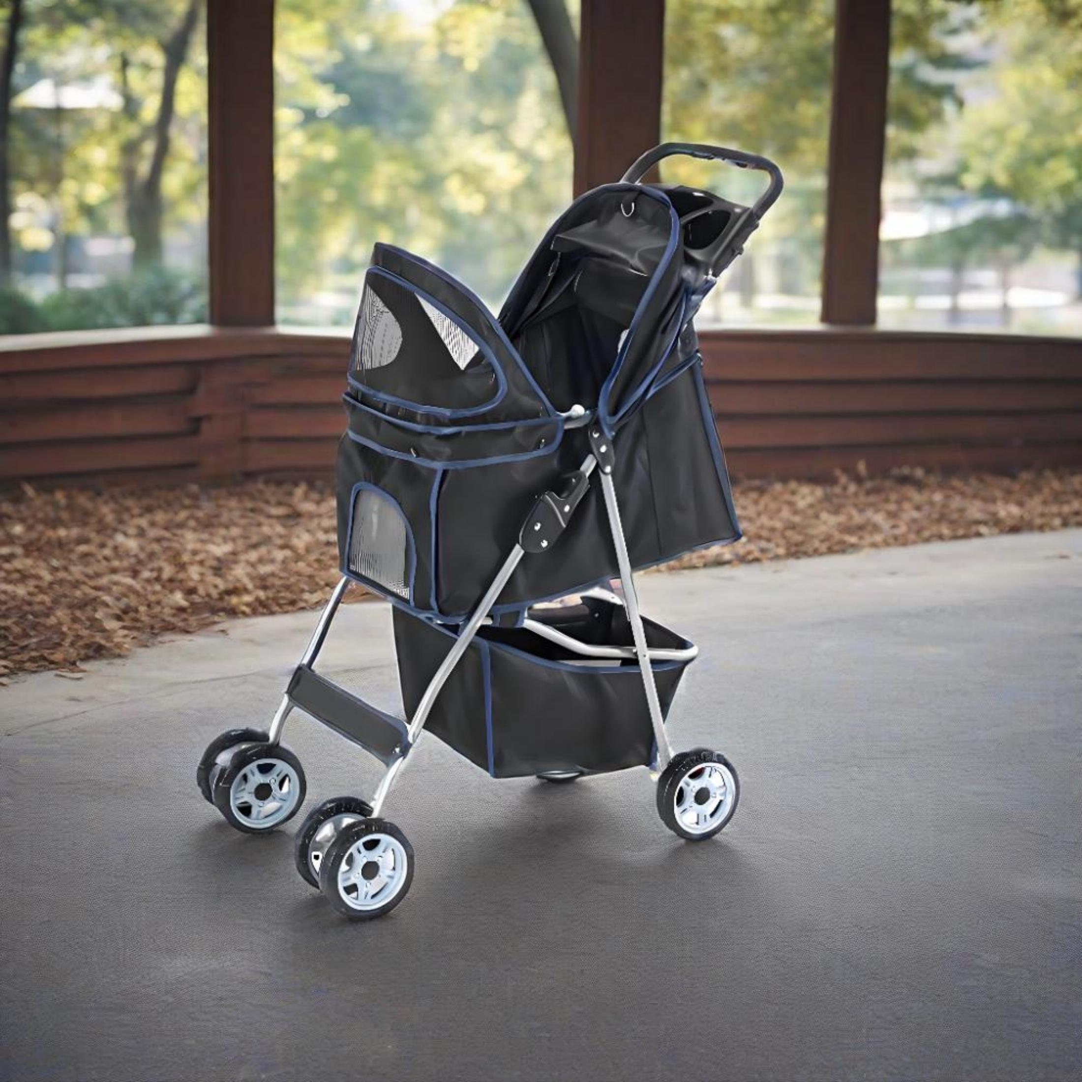 edx 4 Wheels Pet Stroller, Dog and Cat Strollers, With Storage Basket and Cup Holder, Lightweight Travel Carrier, Breathable Mesh, Waterproof and Foldable for Small Pets Outdoor Walk, Black