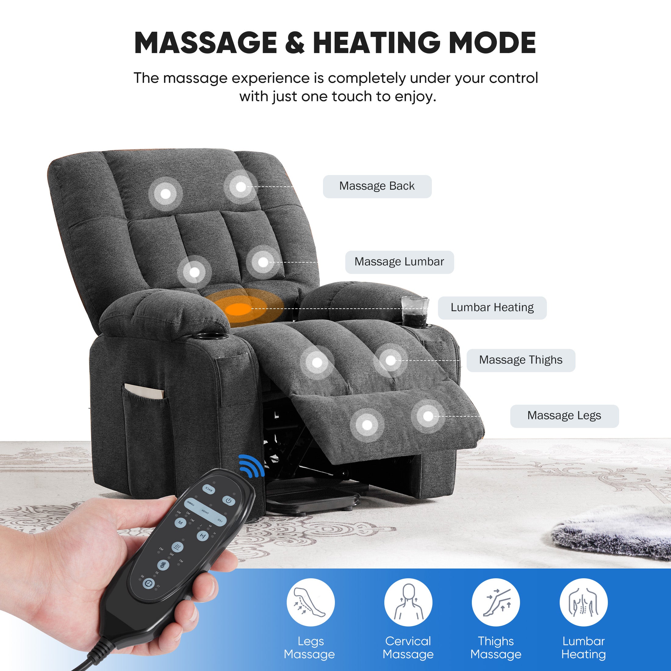 Electric Lift Massage Chair with Massage and Heating (with Remote Control,Cup Holder,Soft padded arms,Side Pocket), Grey