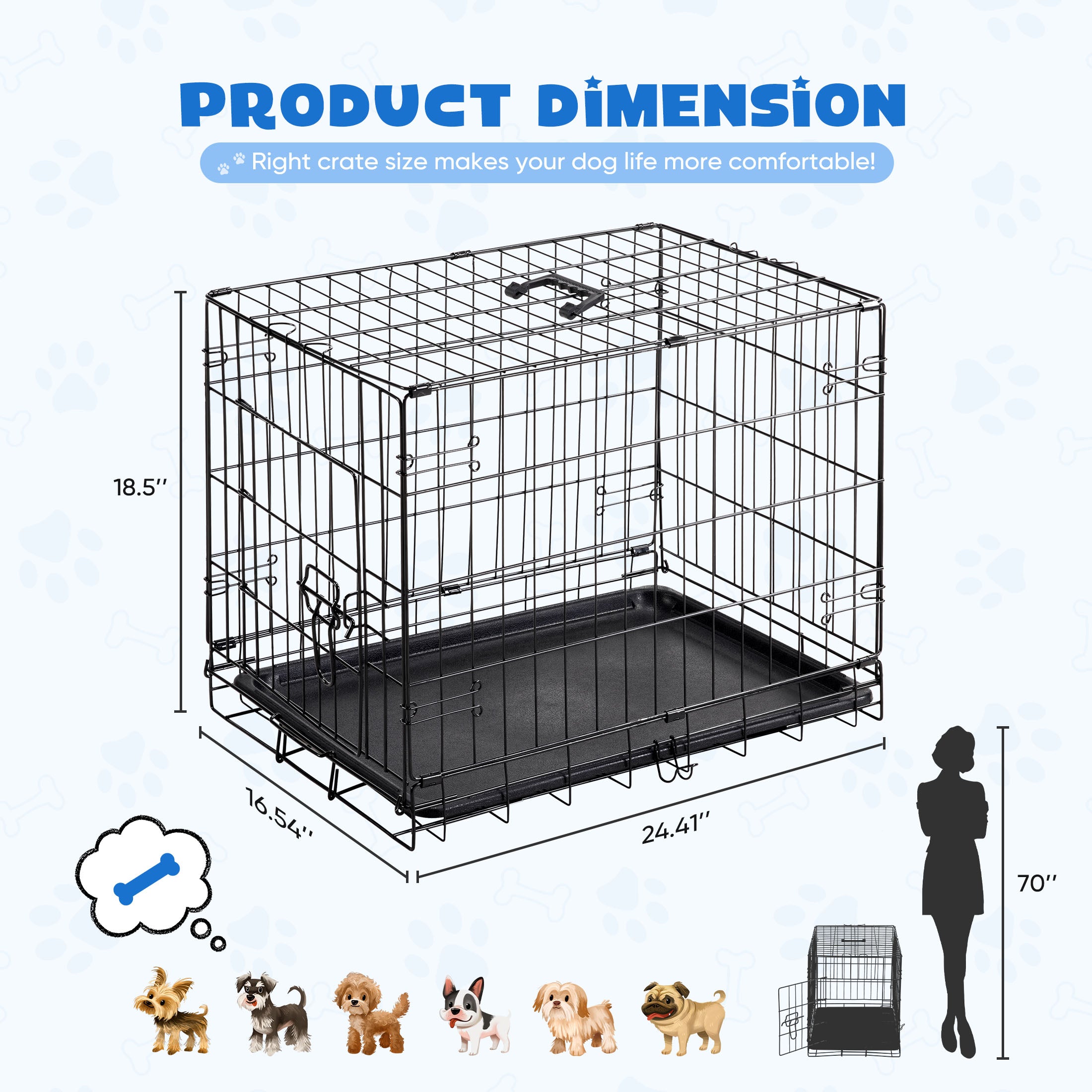 Small Dog Crate, 24" Single Door Folding Metal Wire Dog Cage with Plastic Leak-Proof Pan Tray