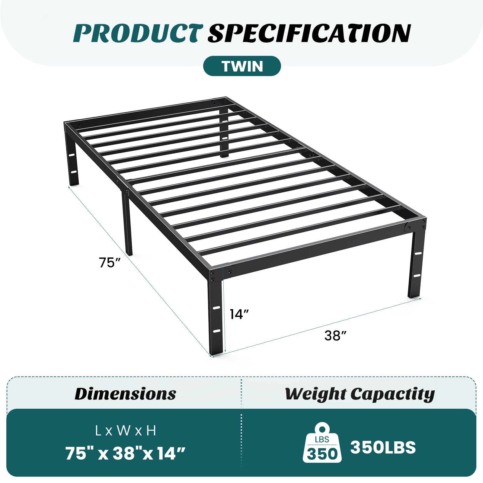 ZUNMOS 14 Inches Twin Bed Frame, Heavy Duty Metal Platform with Storage Space Under Frame, No Box Spring Needed Twin Size Bed Frame, Black