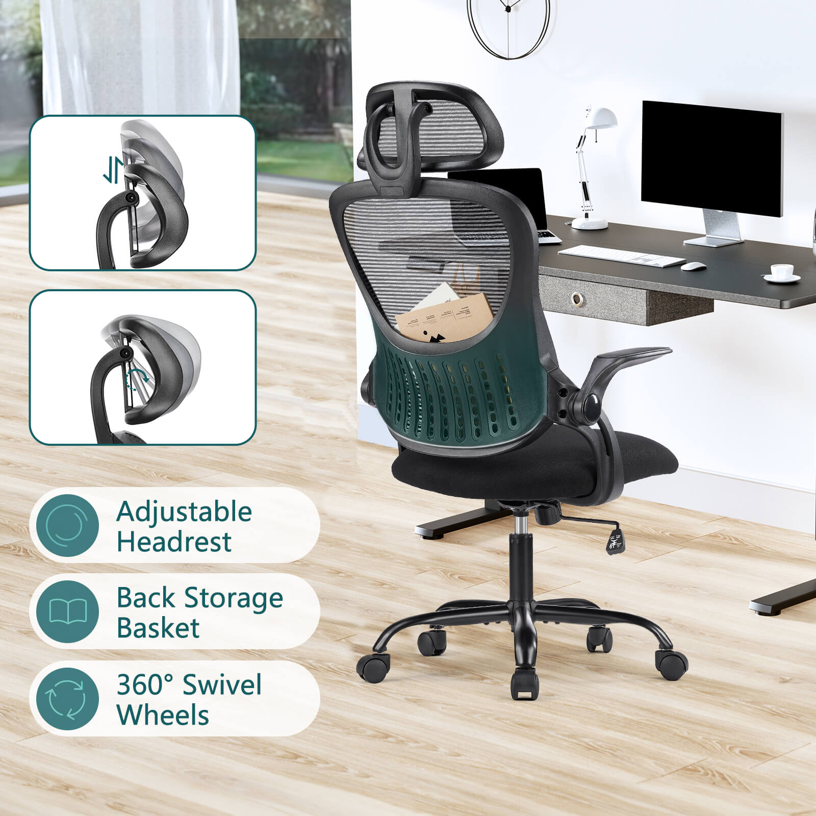 Ergonomic office chair - high back with wheels, adjustable headrest and flip-up armrests for bedroom, study, living room, office