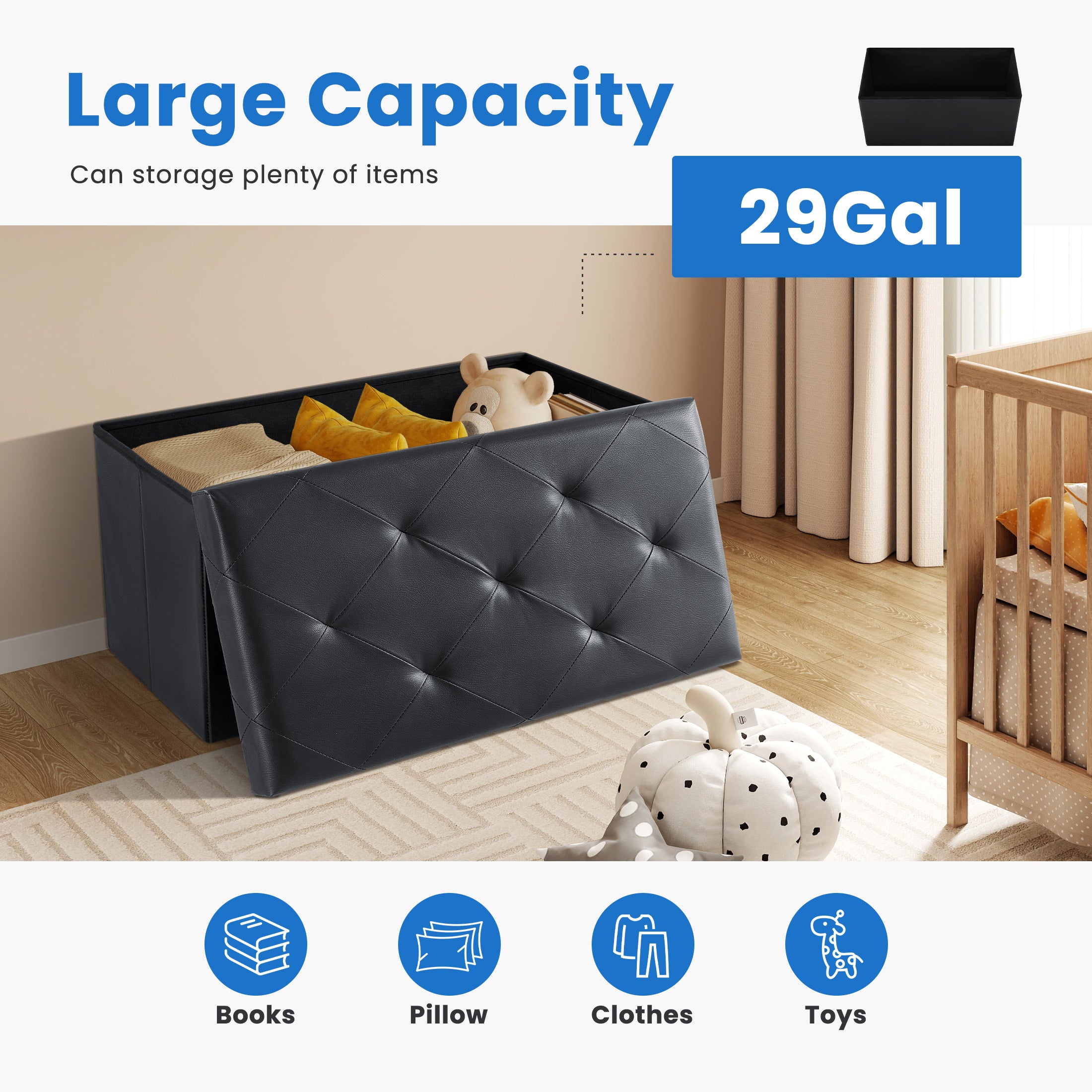 EDX PVC Ottoman Bench, Folable Storage Bench for Bedroom,Ottoman Foot Rest Bench for Livingroom, Entryway