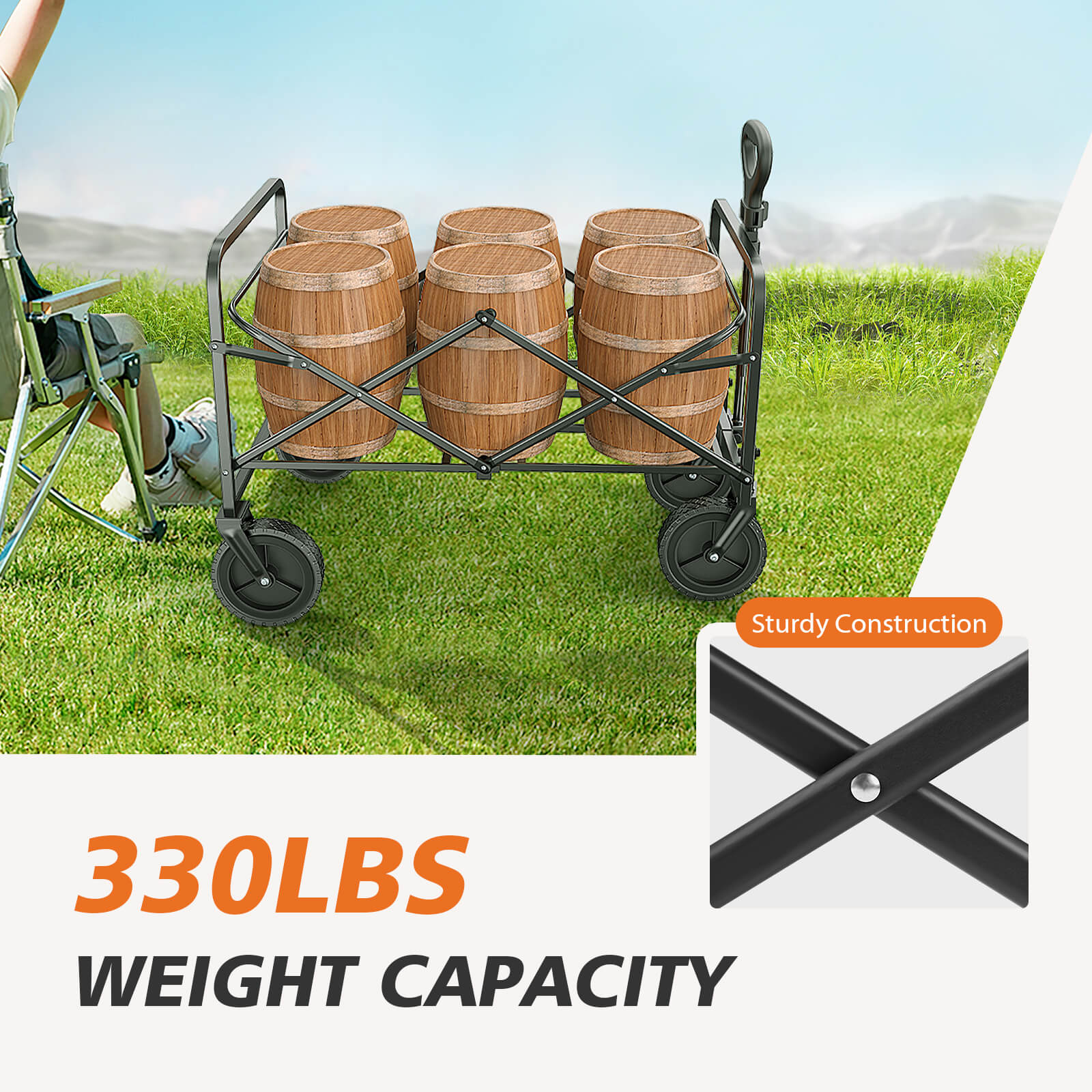 Collapsible Foldable Wagon Cart-with All-Terrain Wheels, Heavy Duty Utility Grocery Wagon with Drink Holders for Shopping Sports Camping