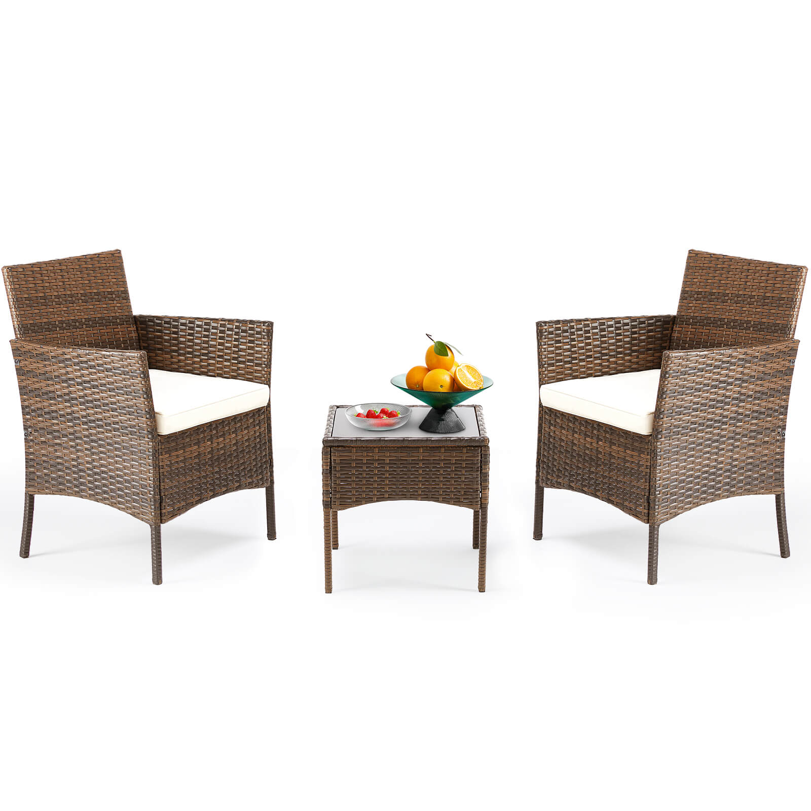 3 Piece Patio Wicker Furniture Set , Patio Chair w/ Table w/ Cushions, Simple Modern Comfort