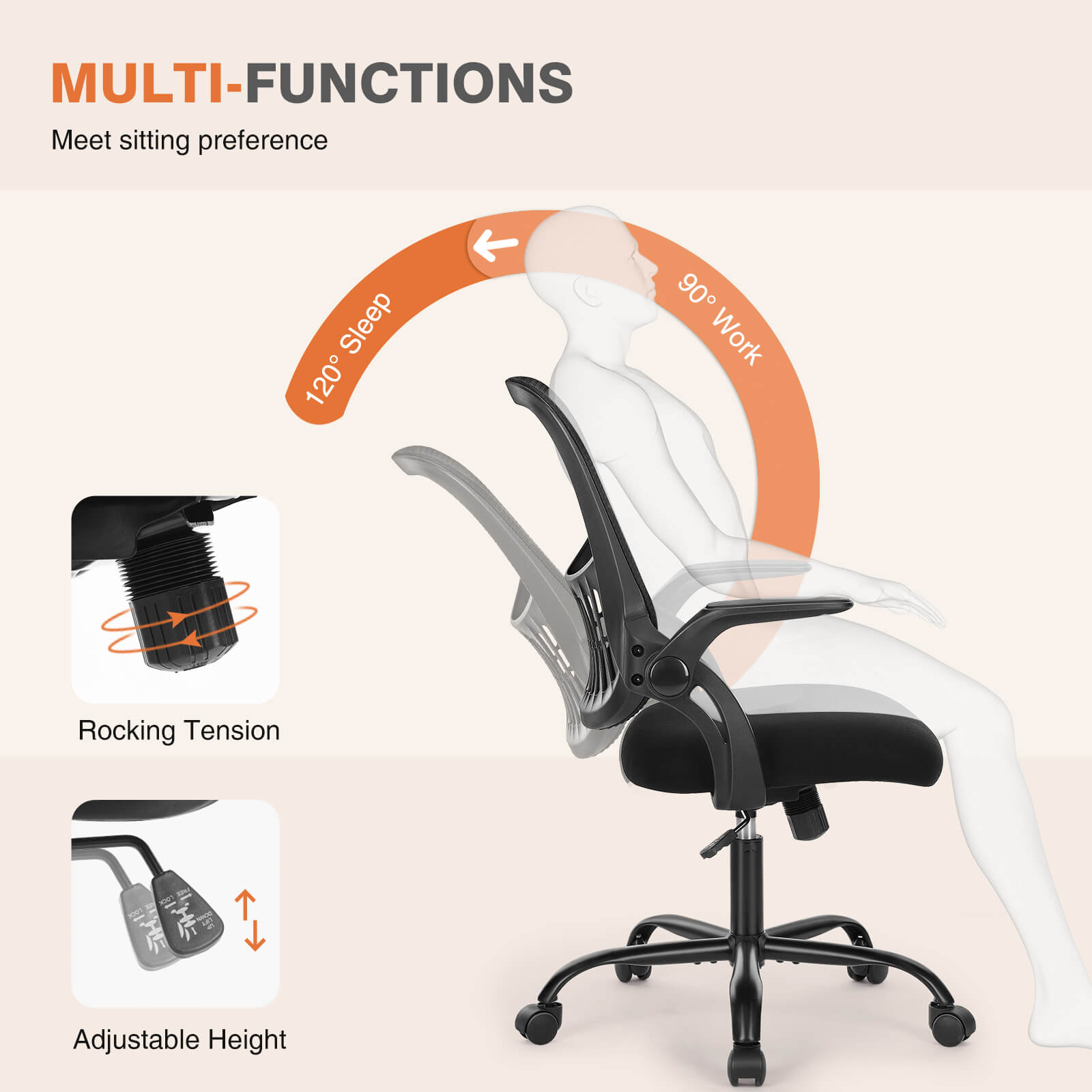 Office Computer Desk Chair-Ergonomic Chair with Wheels, Comfortable Lumbar Support, Comfy Flip-up Arms for Home, Office