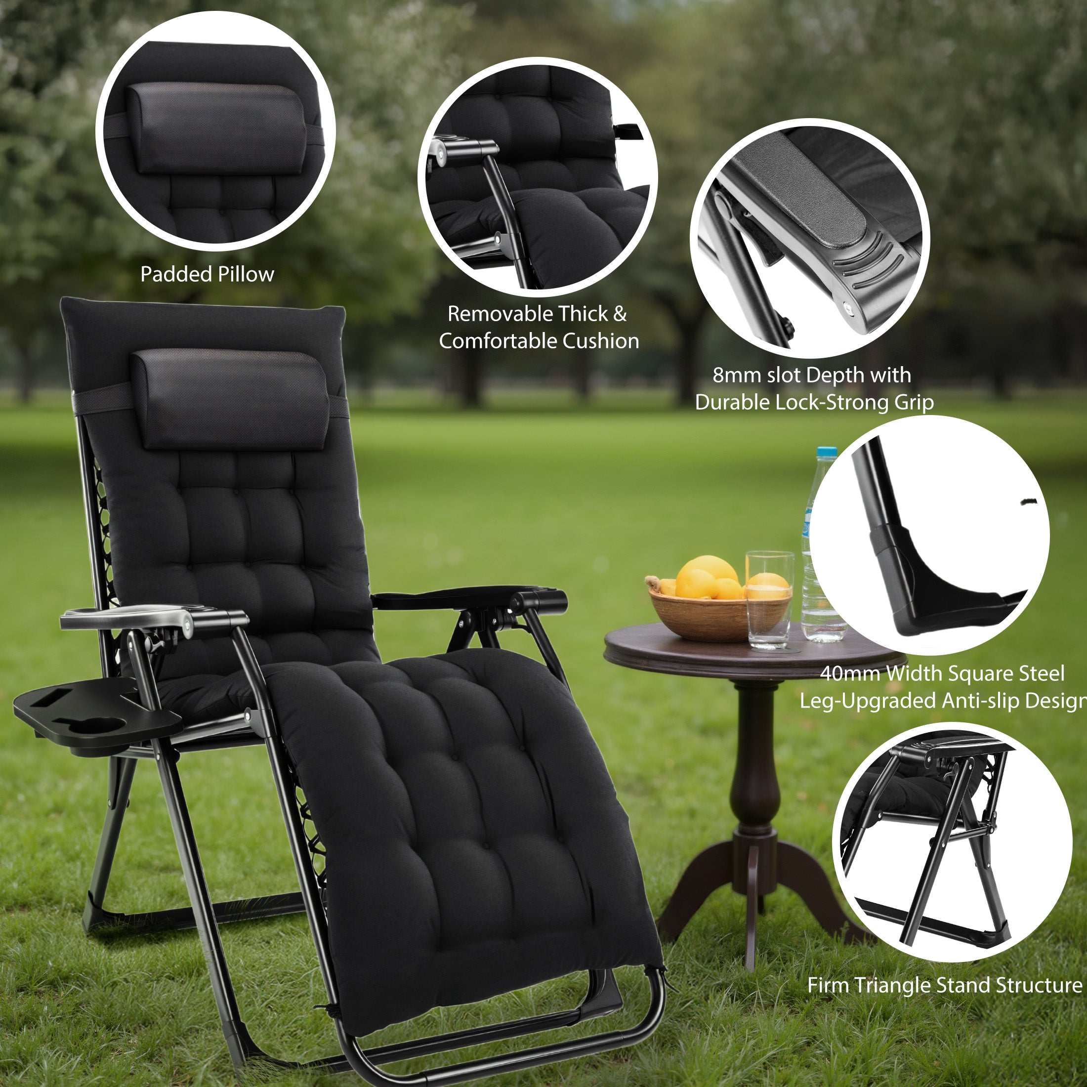 EDX Zero Gravity Chair, Reclining Camping Lounge Chair with Removable Cushion, Headrest and Cup Holder Trays, Folding Patio Recliner for Indoor&Outdoor Use, 440LBS Capacity