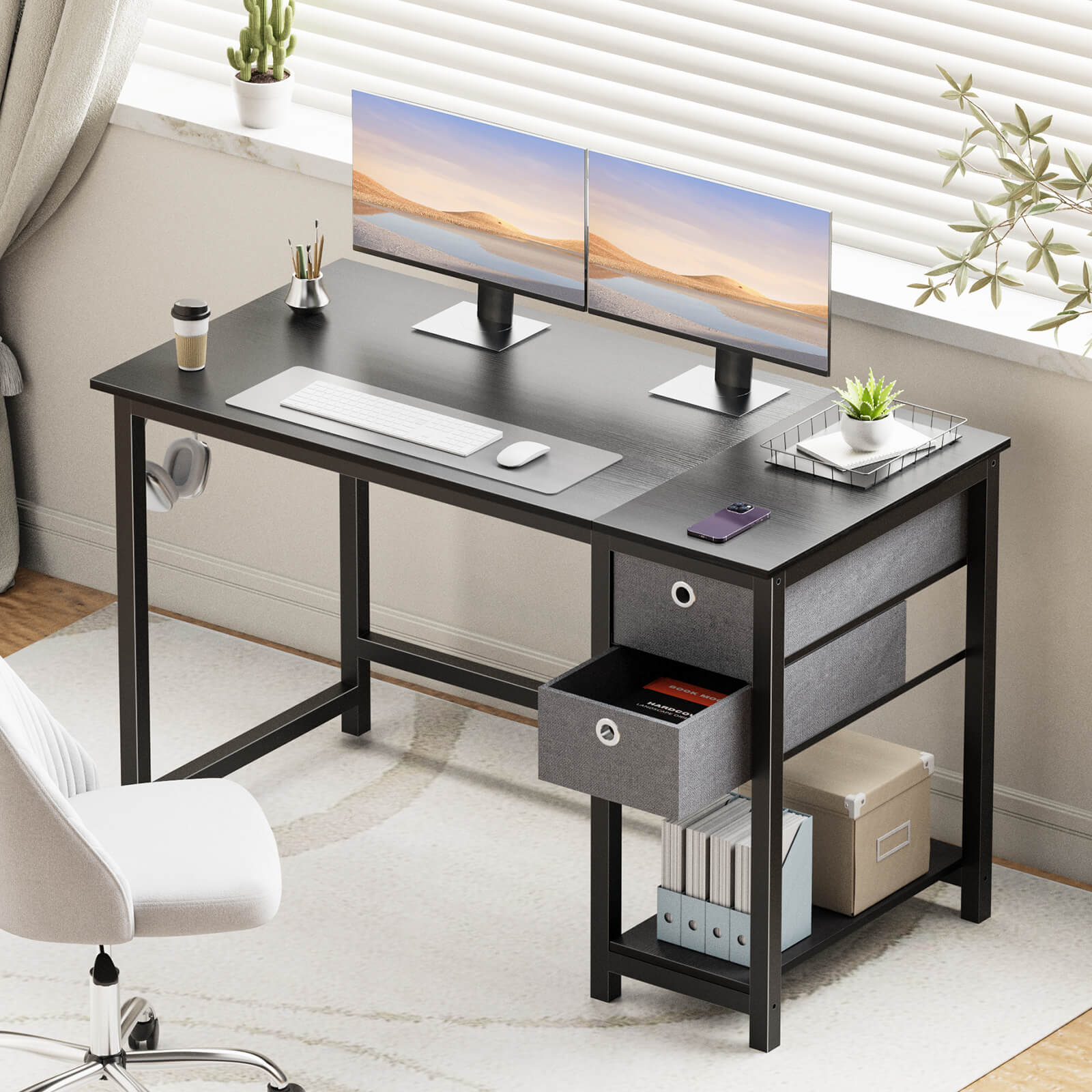 Computer Desk -40/47/55 inch Desk Study Desk with 2 Drawer Storage Shelf Headphone Hook for Bedroom, Game Room, Office, Living Room