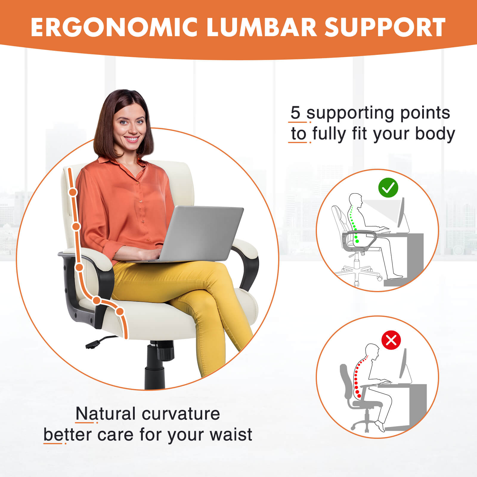 Adjustable Computer Desk Chair with Lumbar Support,Padded Armrest,Swivel Rolling