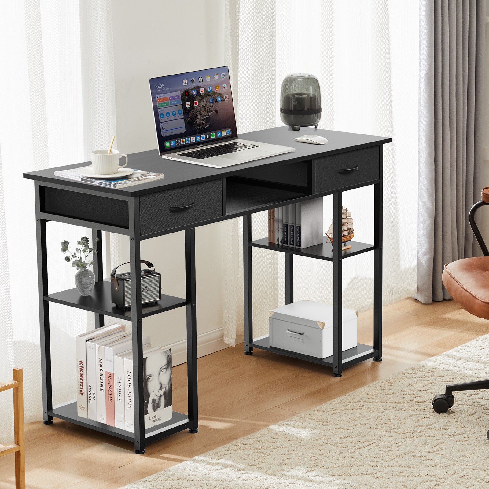 Small Desk Fabric Drawers & Storage Shelves, Home Office Computer Desk, Writing Desk Small Space Desk Study Table for Home, Bedroom, 48 Inch, Balck