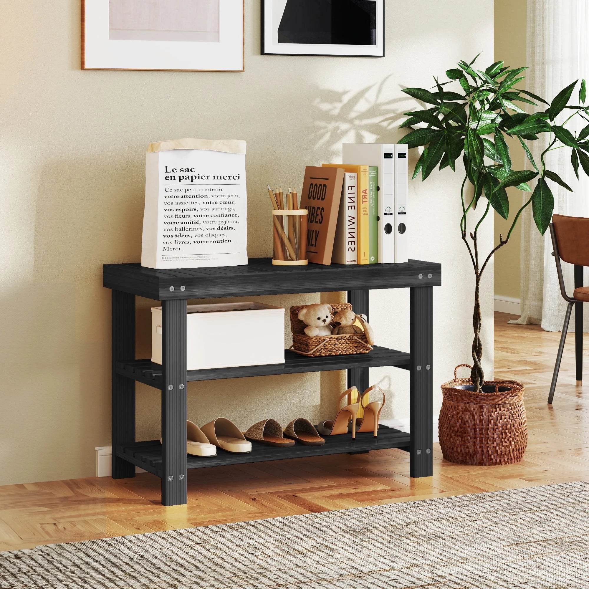 ZUNMOS 3-Tier Bamboo Shoe Rack Bench, 11.3 x 27.6 x 17.8 Inches Compact Storage Organizer with 286lb Capacity for Entryway, Bedroom and Living Room