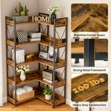 EDX 65 inch L Shaped Corner Bookshelf, 5 Tier l Bookcase with Open Storage Shelves,Industrial Wooden Bookcase with Metal Frame for Home Office, Living Room, Bedroom, Rustic Brown