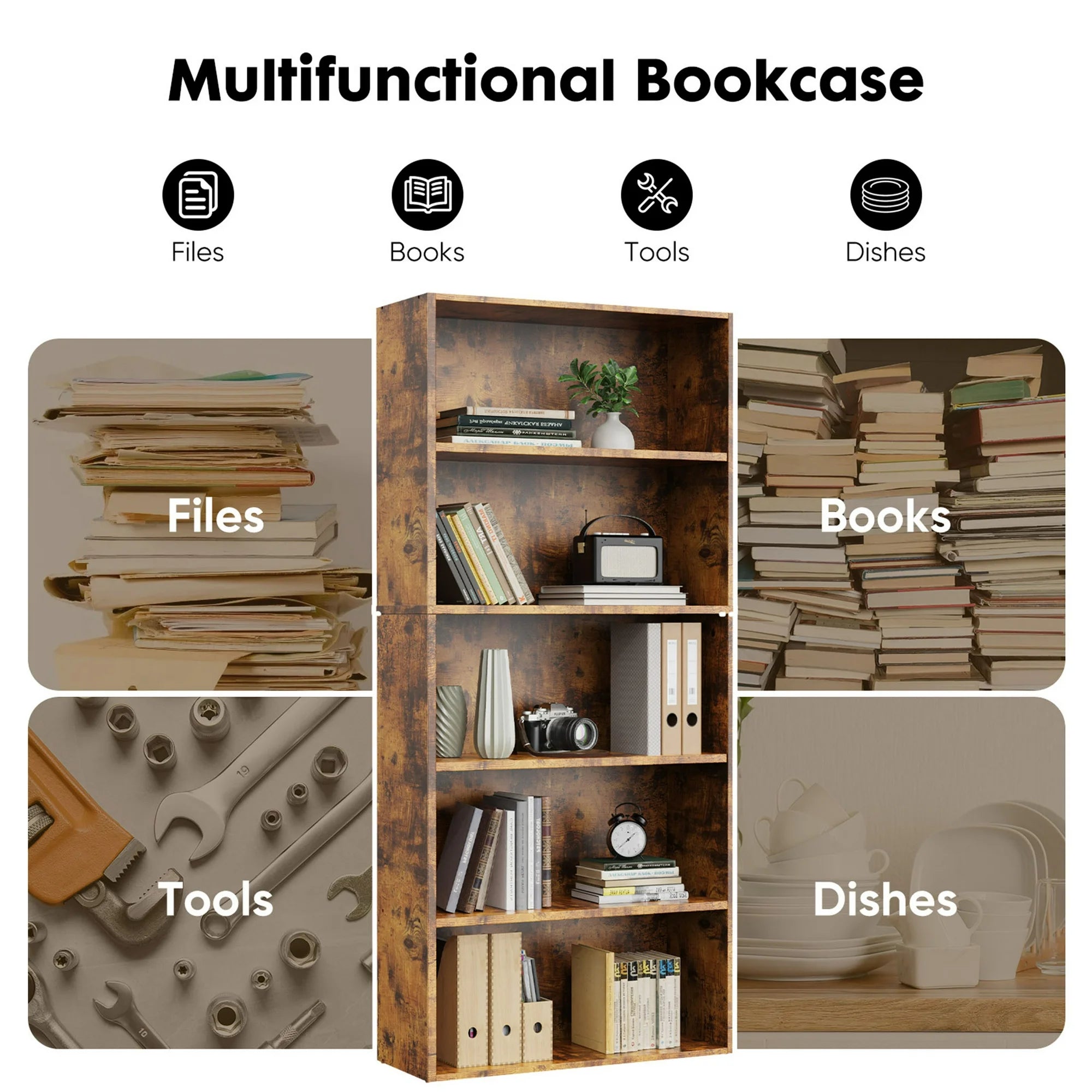 ZUNMOS Bookcase, Tall Open Industrial Standing Bookshelf Large Storage for Home Office, Living Room, Bed Room