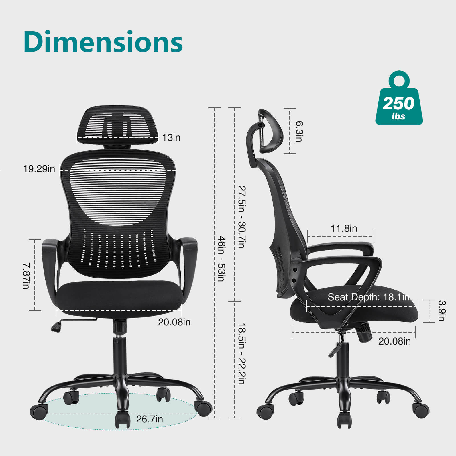 Ergonomic office chair - high back with wheels, adjustable headrest and flip-up armrests for bedroom, study, living room, office